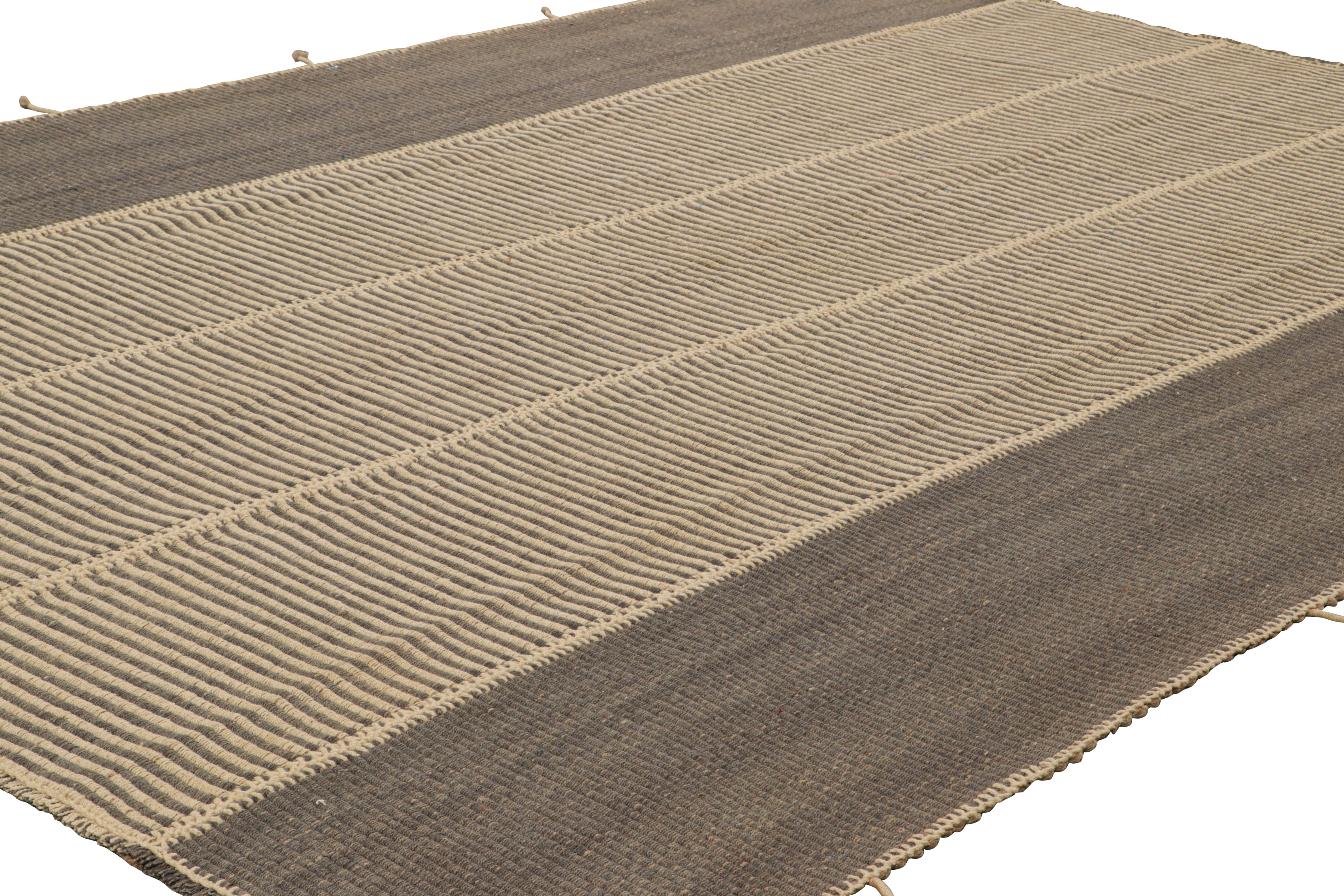 Hand-Woven Rug & Kilim’s Contemporary Kilim with Textural Beige and Brown Stripes For Sale