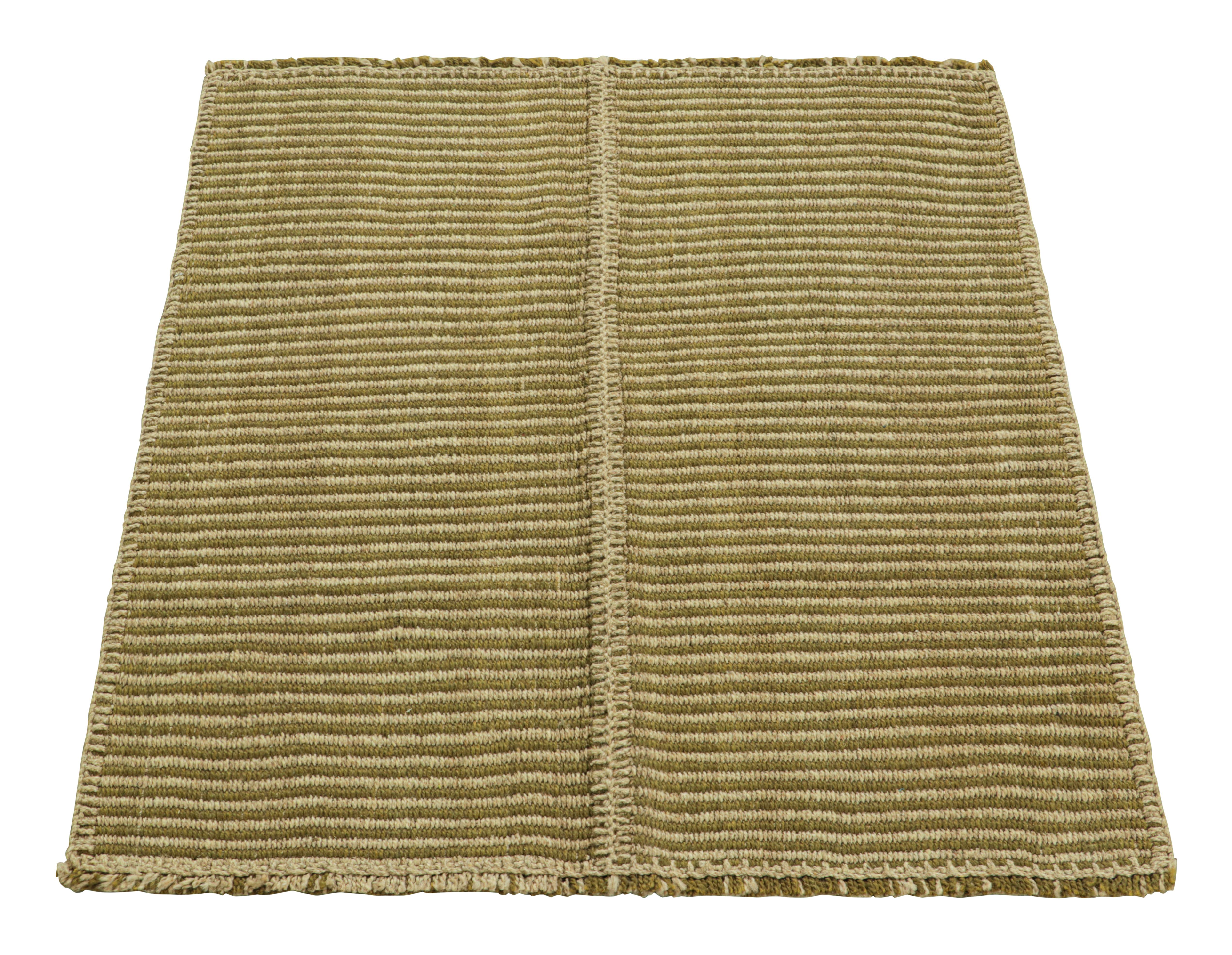 Hand-Woven Rug & Kilim’s Contemporary Kilim with Textural Beige and Chartreuse Stripes For Sale