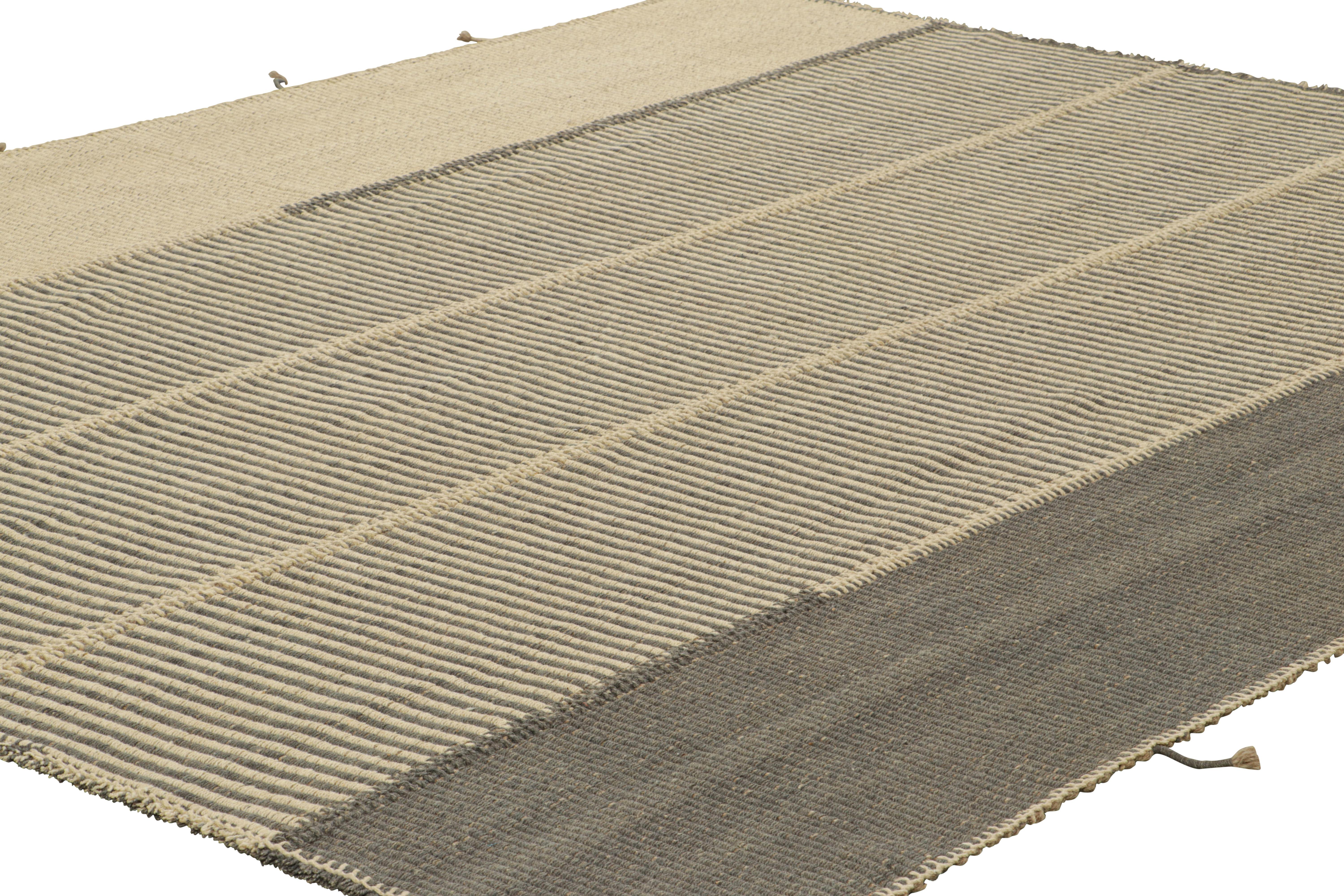 Afghan Rug & Kilim’s Contemporary Kilim with Textural Beige and Gray Stripes