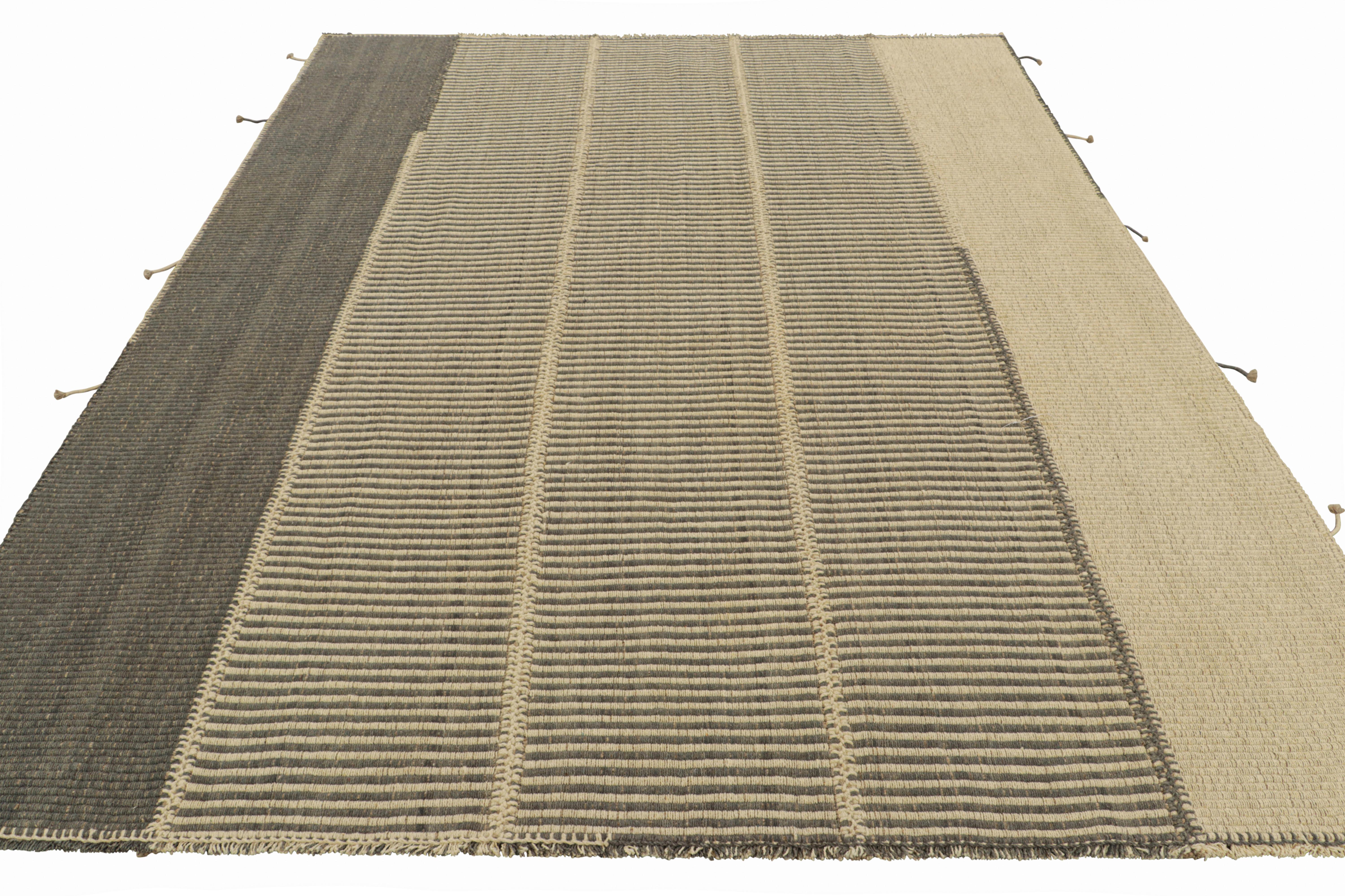 Hand-Woven Rug & Kilim’s Contemporary Kilim with Textural Beige and Gray Stripes