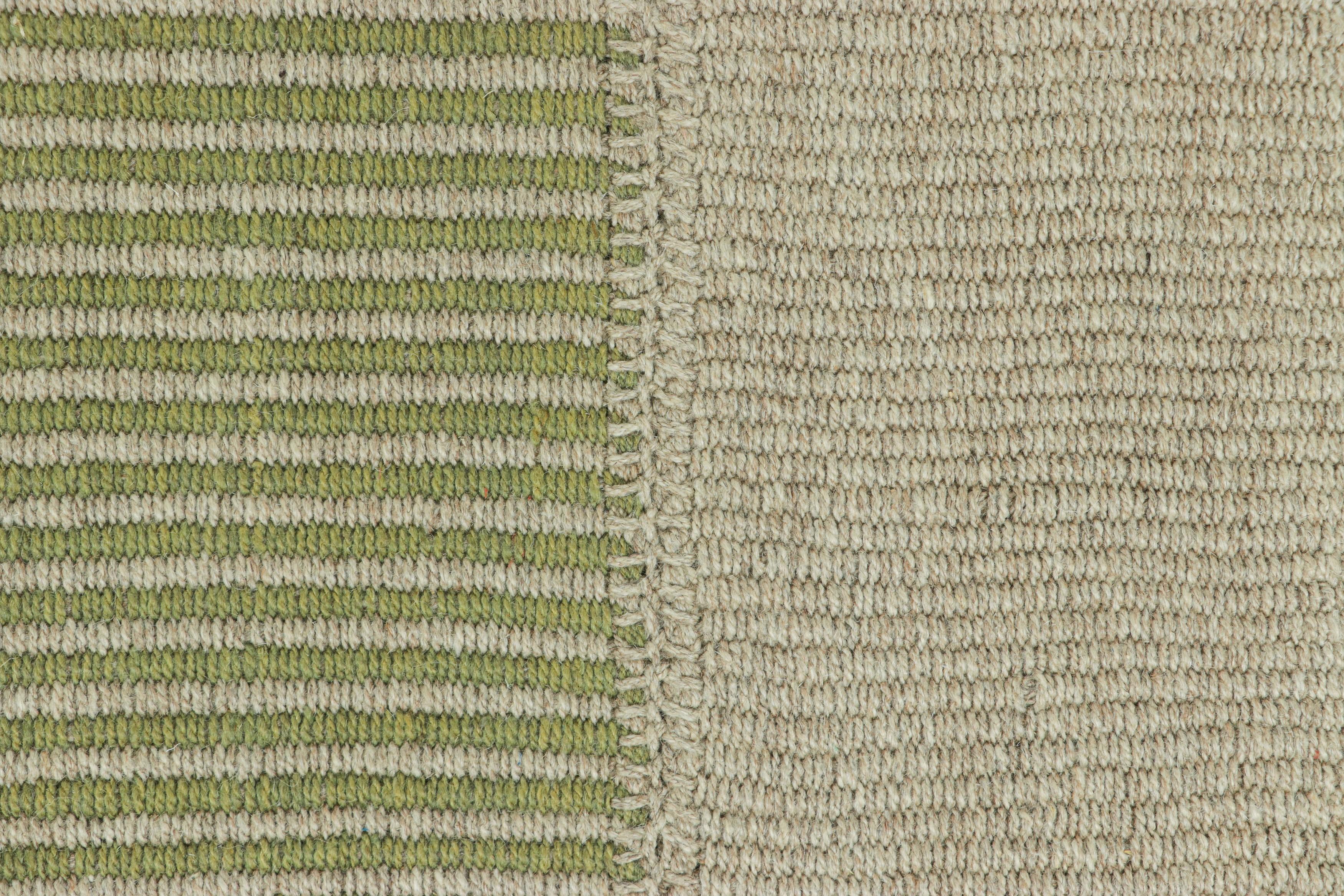 Afghan Rug & Kilim’s Contemporary Kilim with Textural Beige and Green Stripes For Sale