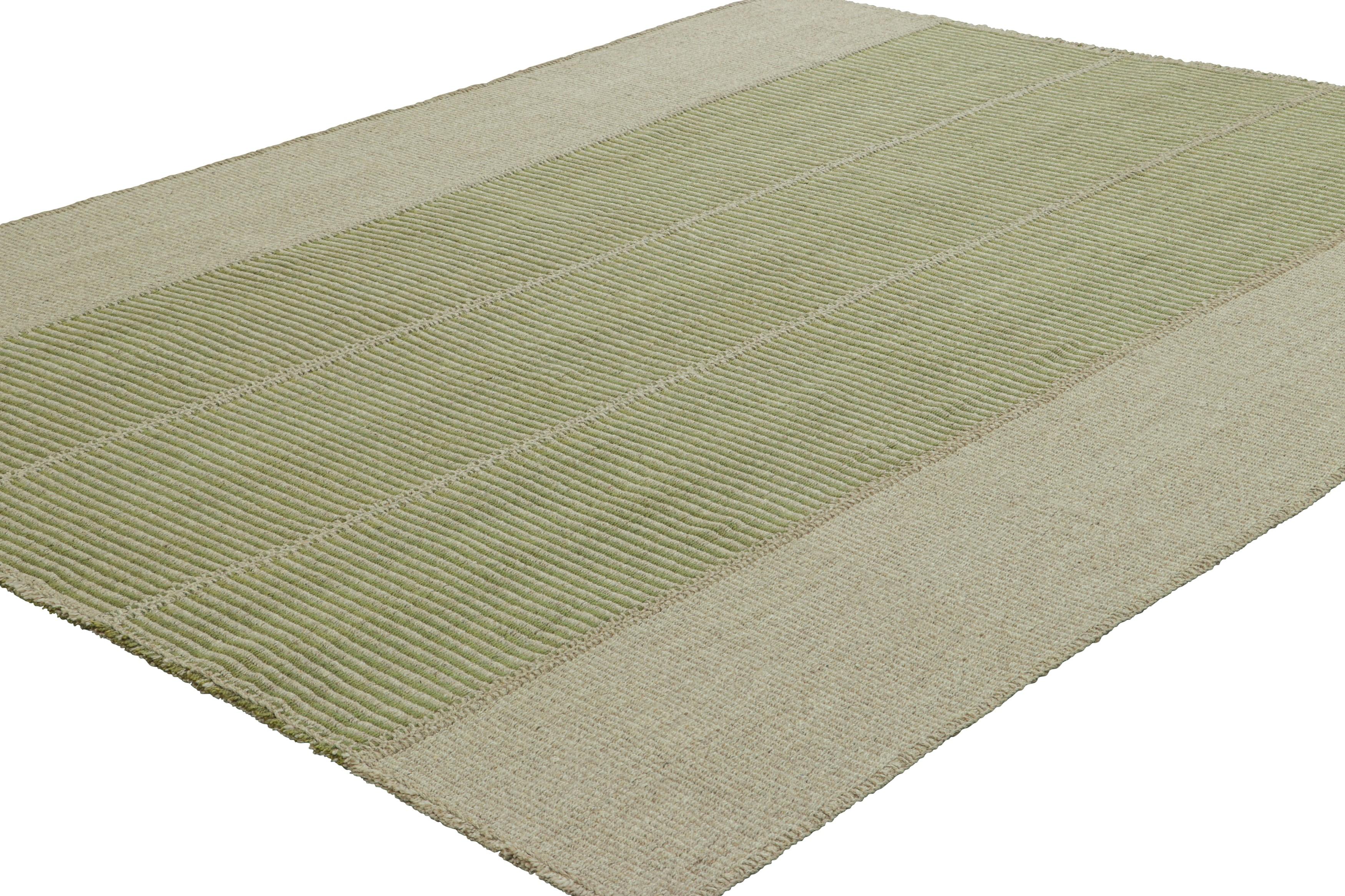 Hand-Woven Rug & Kilim’s Contemporary Kilim with Textural Beige and Green Stripes For Sale