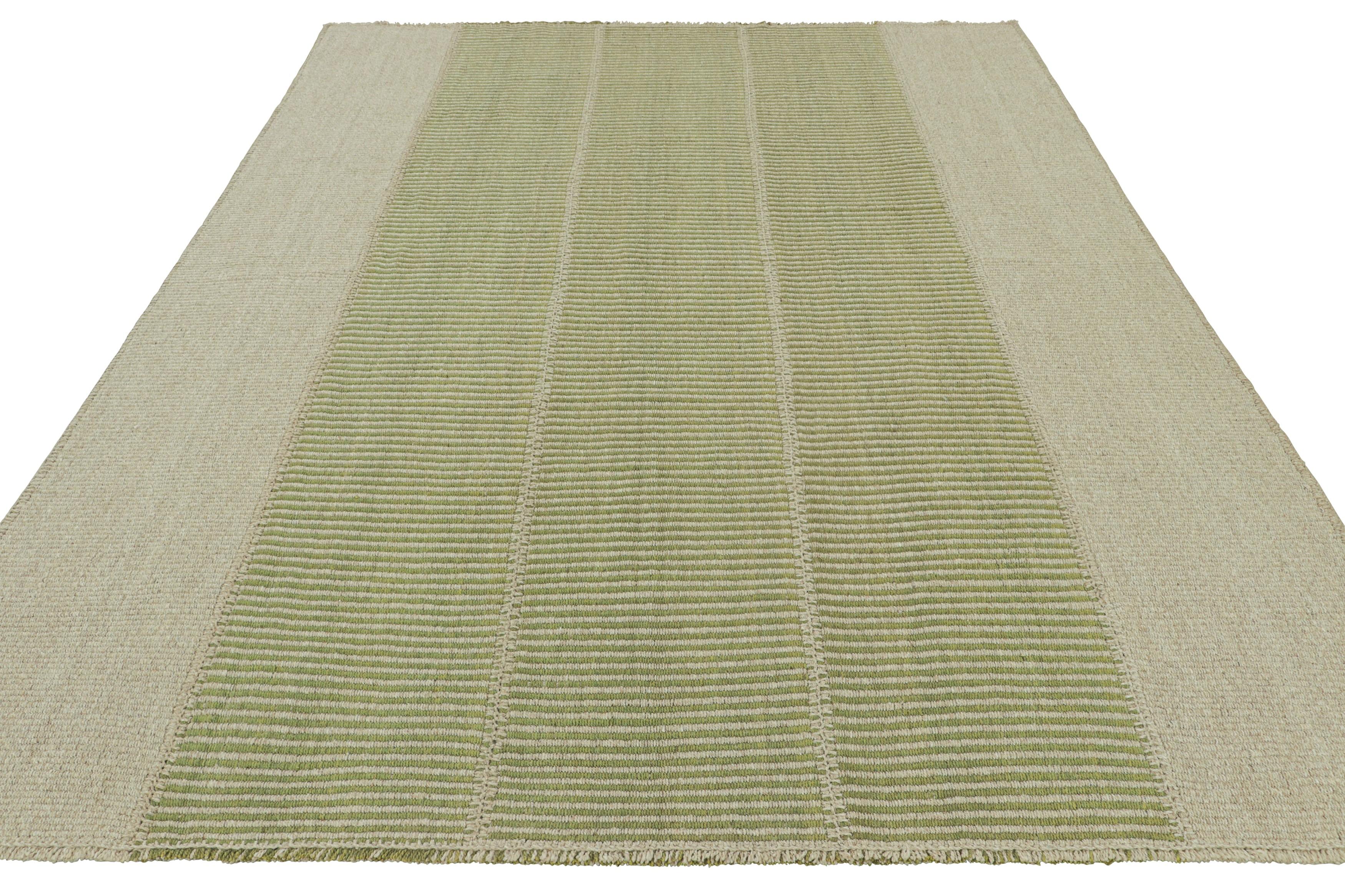 Rug & Kilim’s Contemporary Kilim with Textural Beige and Green Stripes In New Condition For Sale In Long Island City, NY