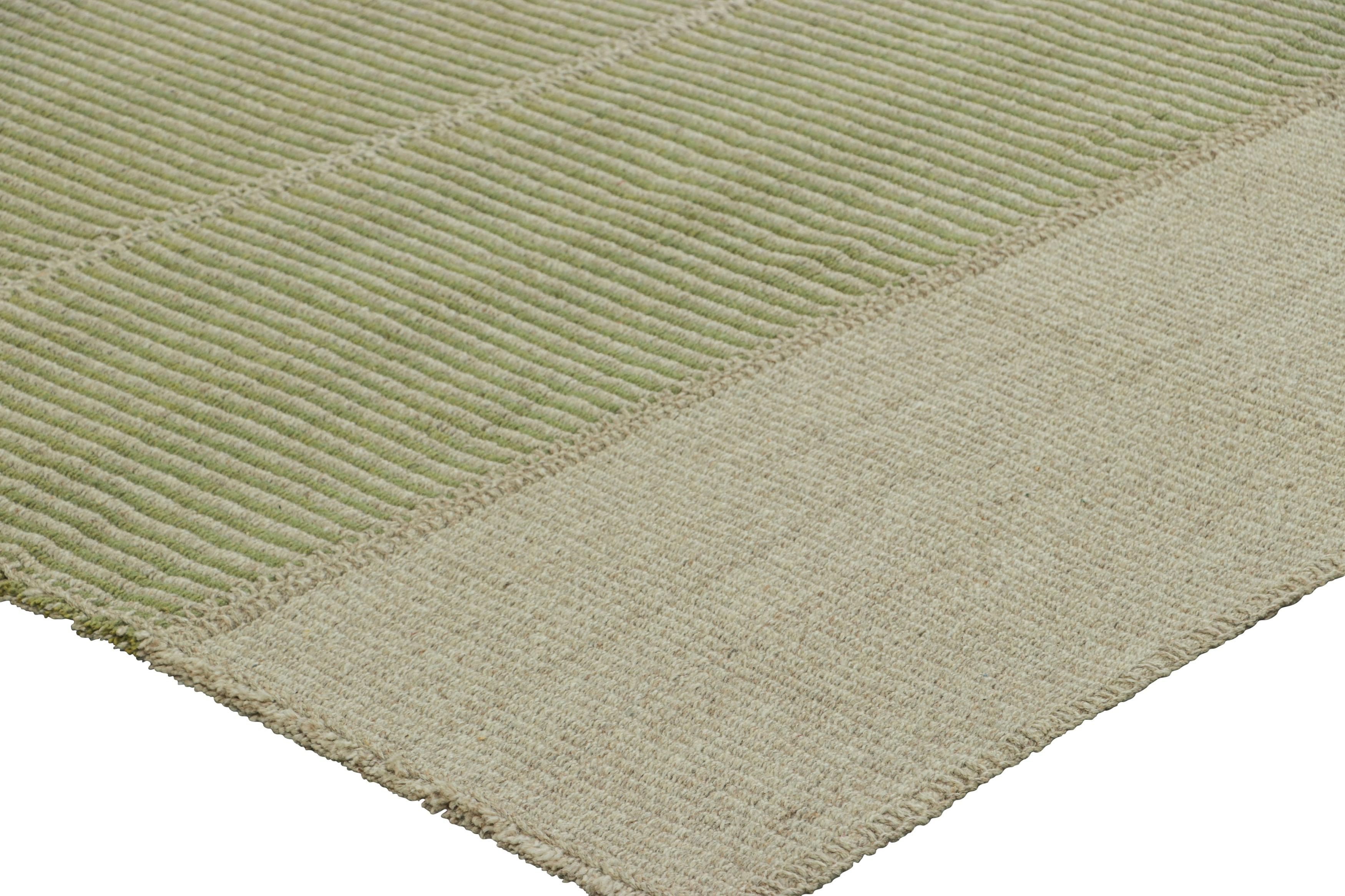 Wool Rug & Kilim’s Contemporary Kilim with Textural Beige and Green Stripes For Sale