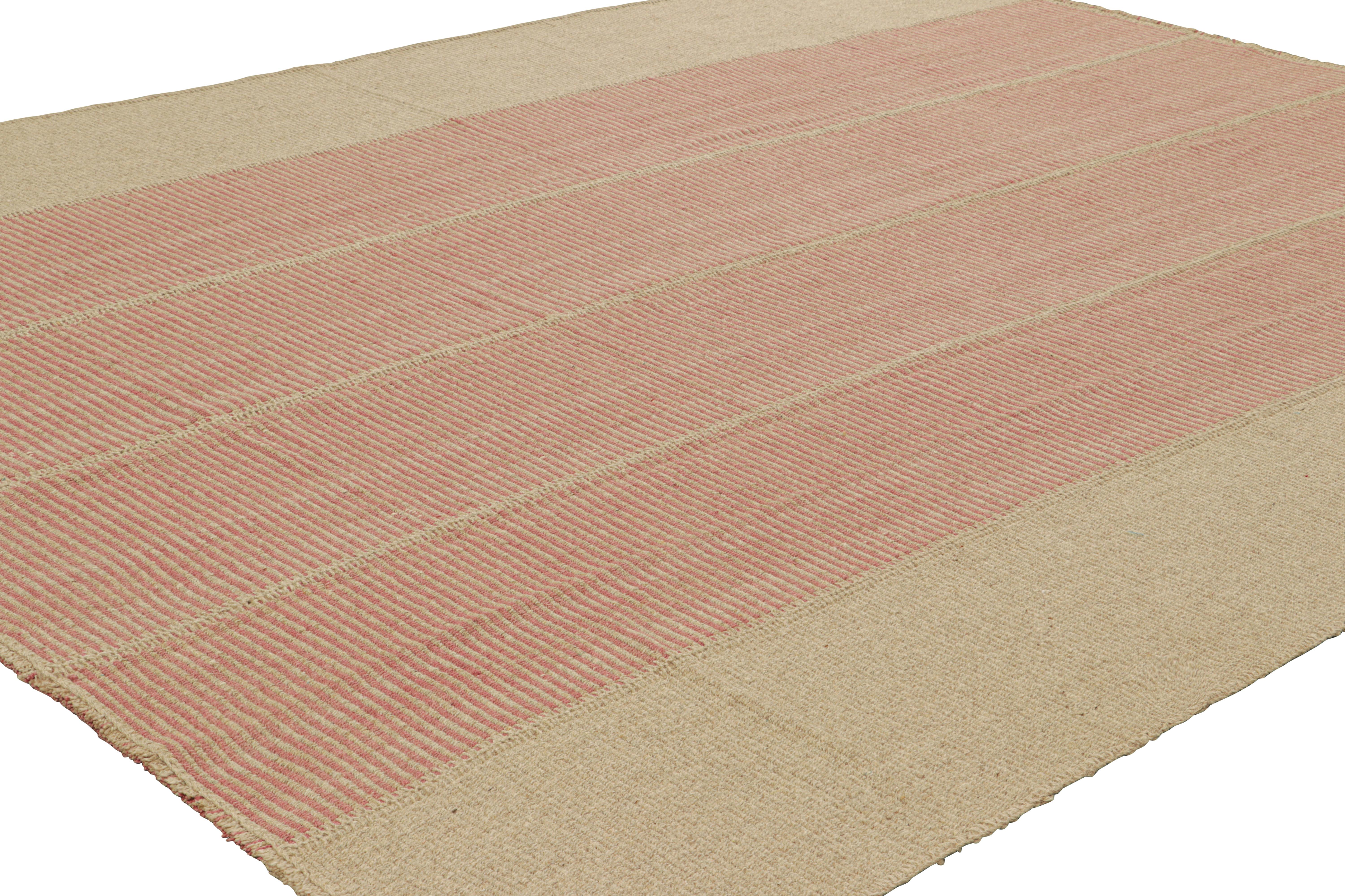 Hand-Woven Rug & Kilim’s Contemporary Kilim with Textural Beige and Pink Stripes For Sale