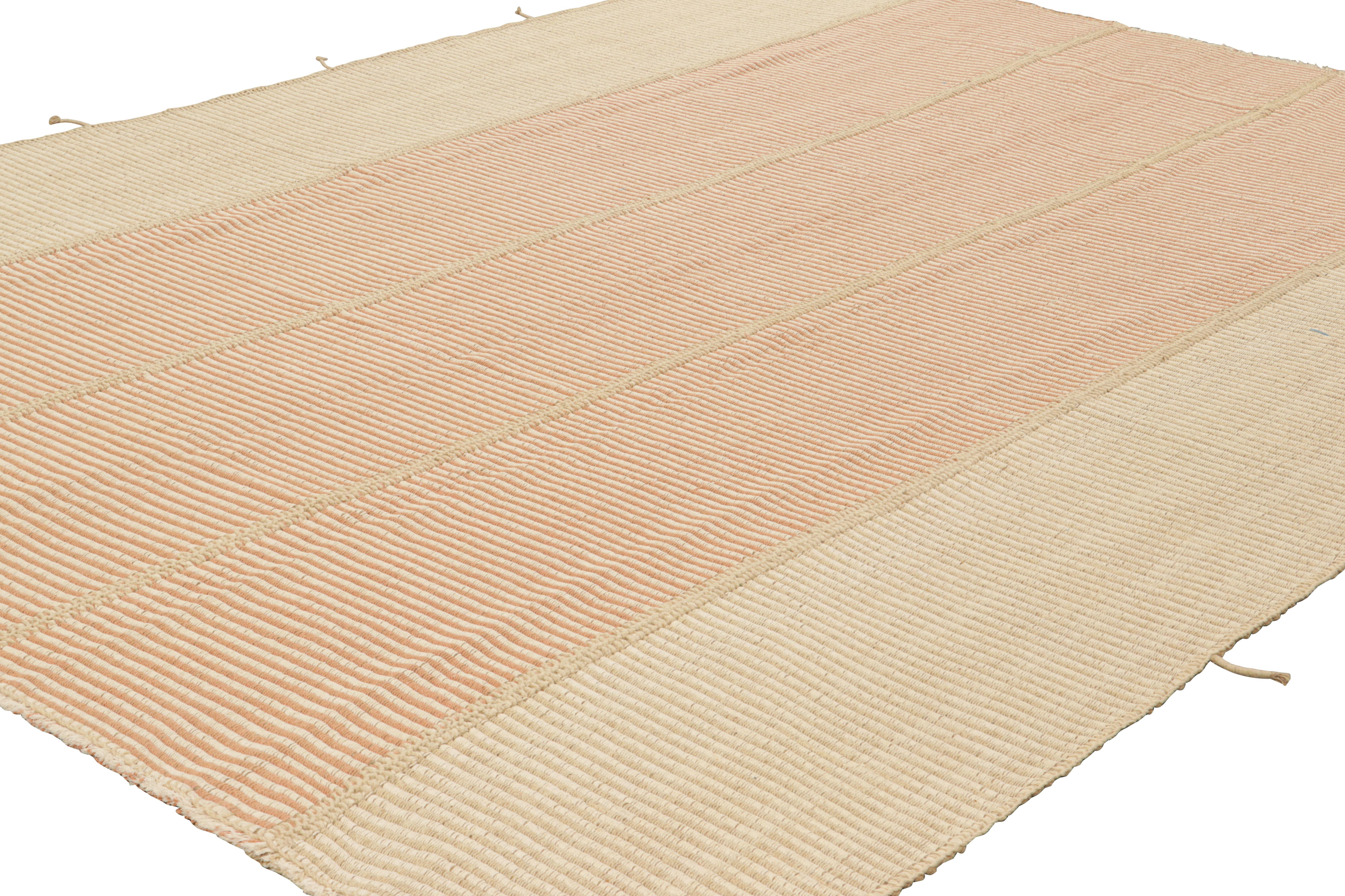 Hand-Woven Rug & Kilim’s Contemporary Kilim with Textural Beige and Pink Stripes For Sale