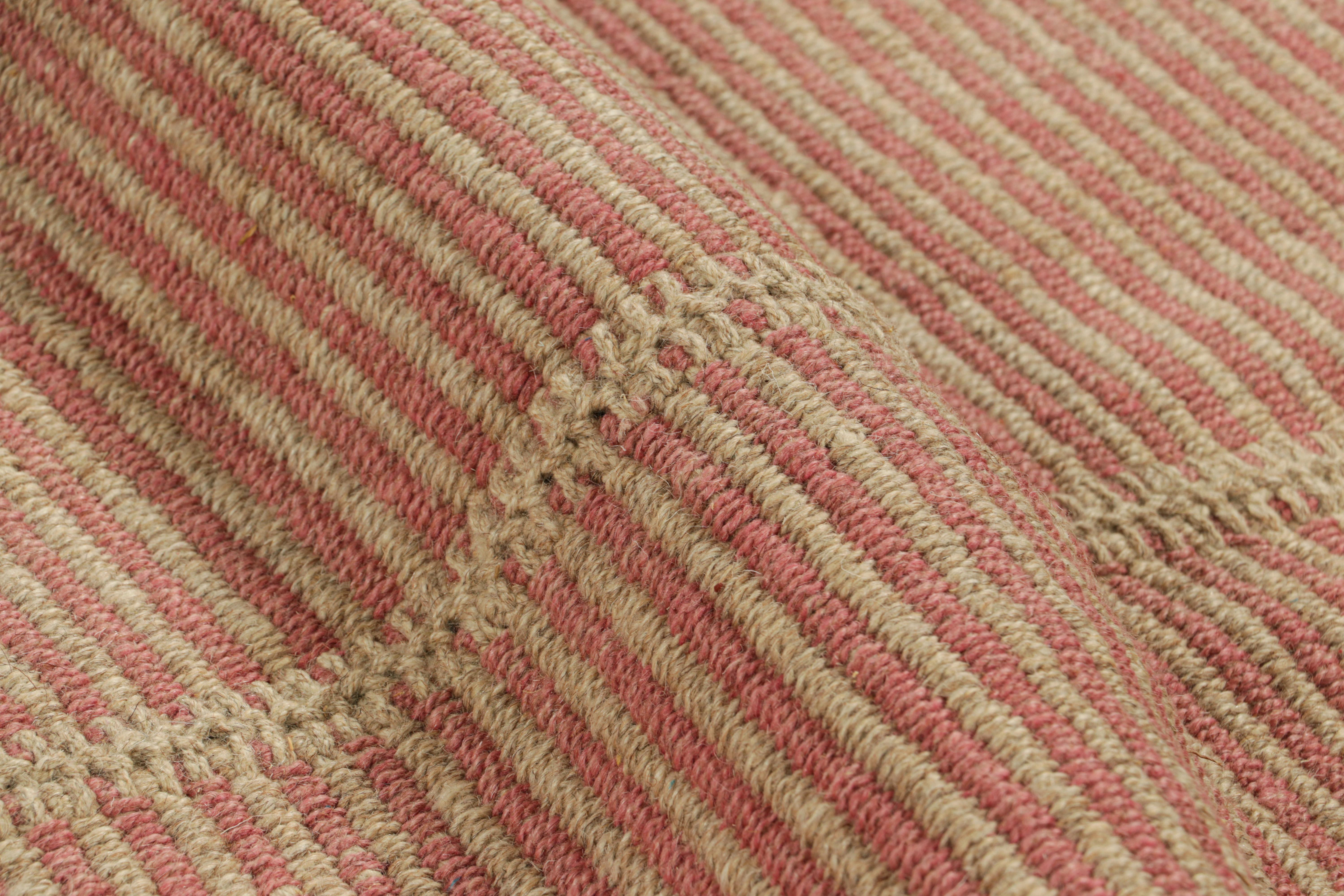 Wool Rug & Kilim’s Contemporary Kilim with Textural Beige and Pink Stripes For Sale