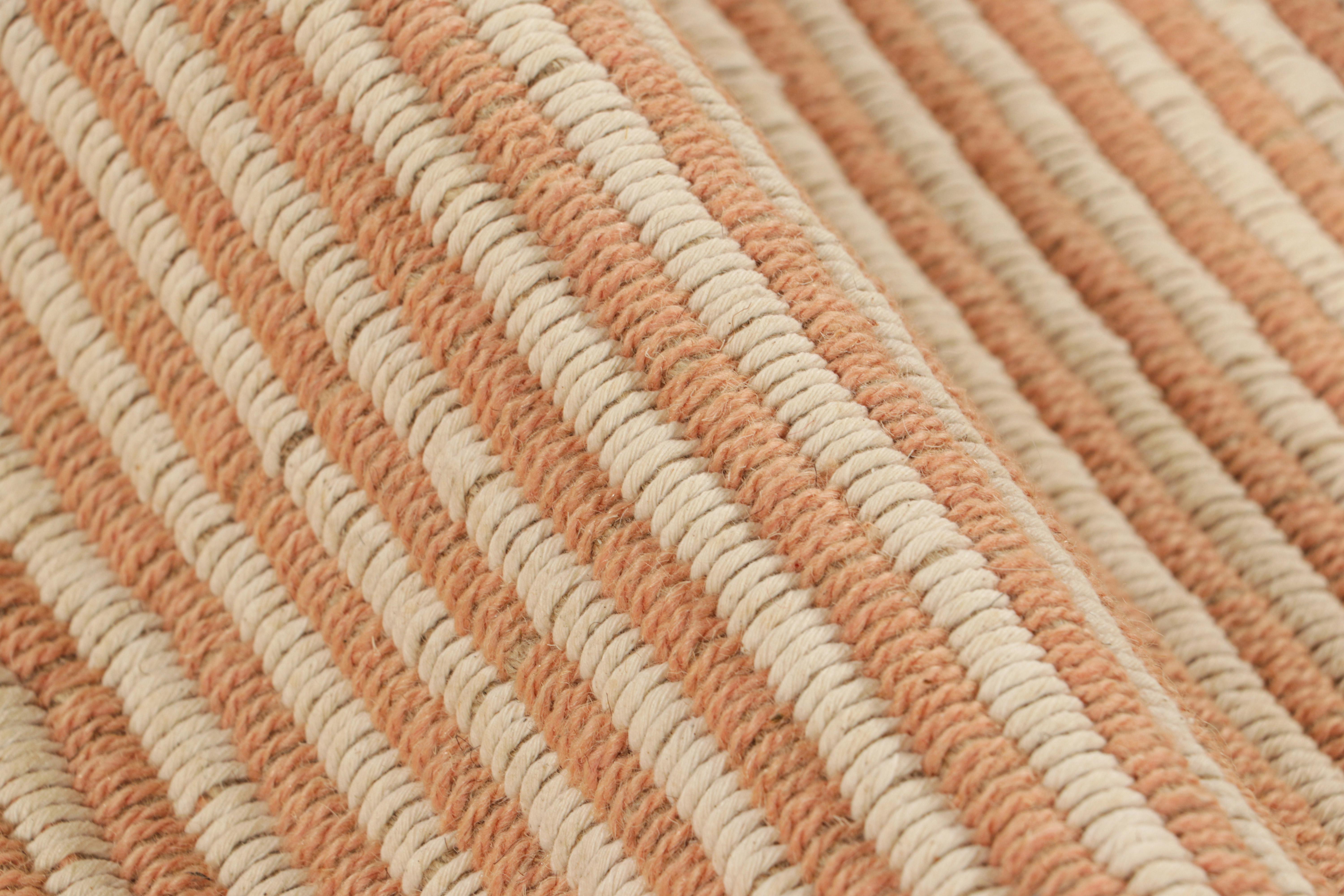 Wool Rug & Kilim’s Contemporary Kilim with Textural Beige and Pink Stripes For Sale