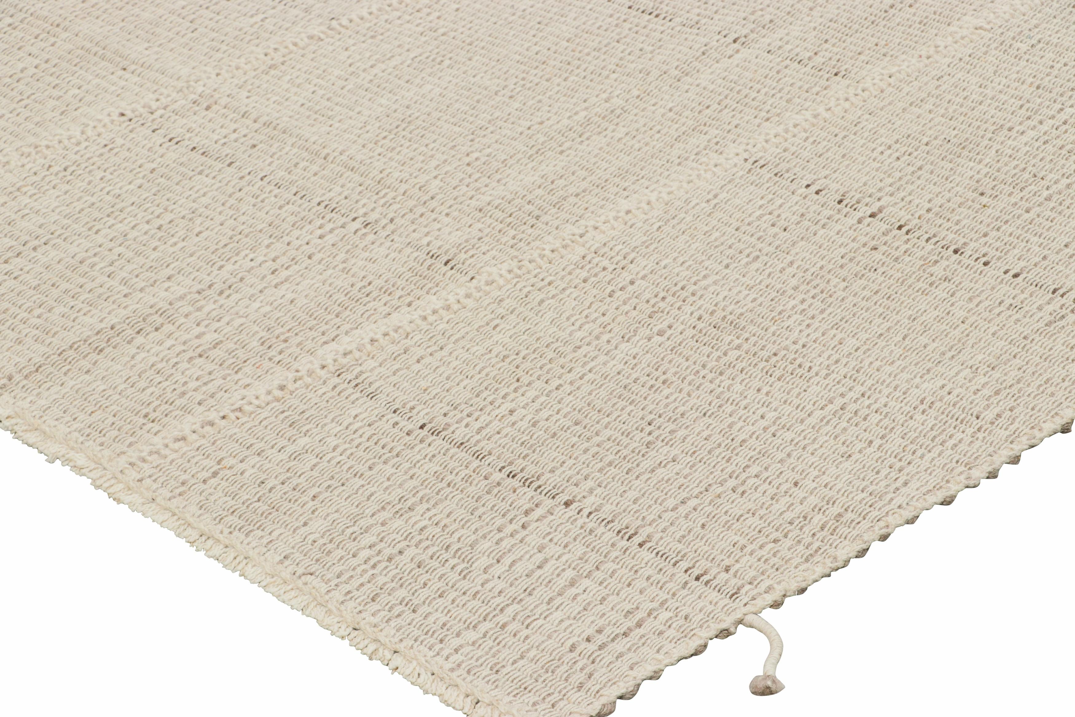 Wool Rug & Kilim’s Contemporary Kilim with Textural Beige-Brown and White Stripes For Sale