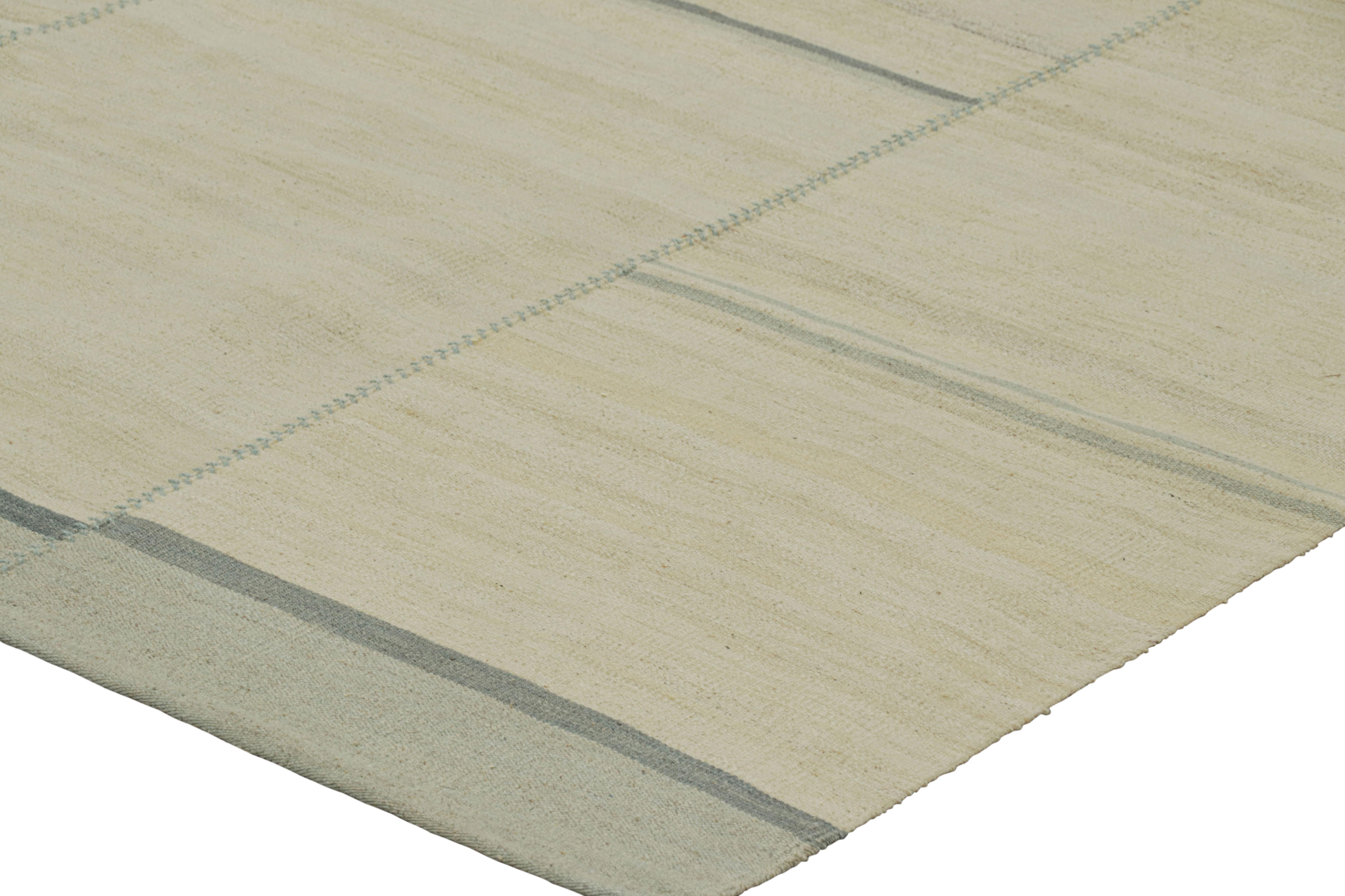 Handwoven in wool, this 9x12 contemporary Kilim is from an exciting new custom-capable flatweave collection by Rug & Kilim.

On the Design:

“Rez Kilim” represents a contemporary homage to Turkish and Persian panel-weaving styles in a textural