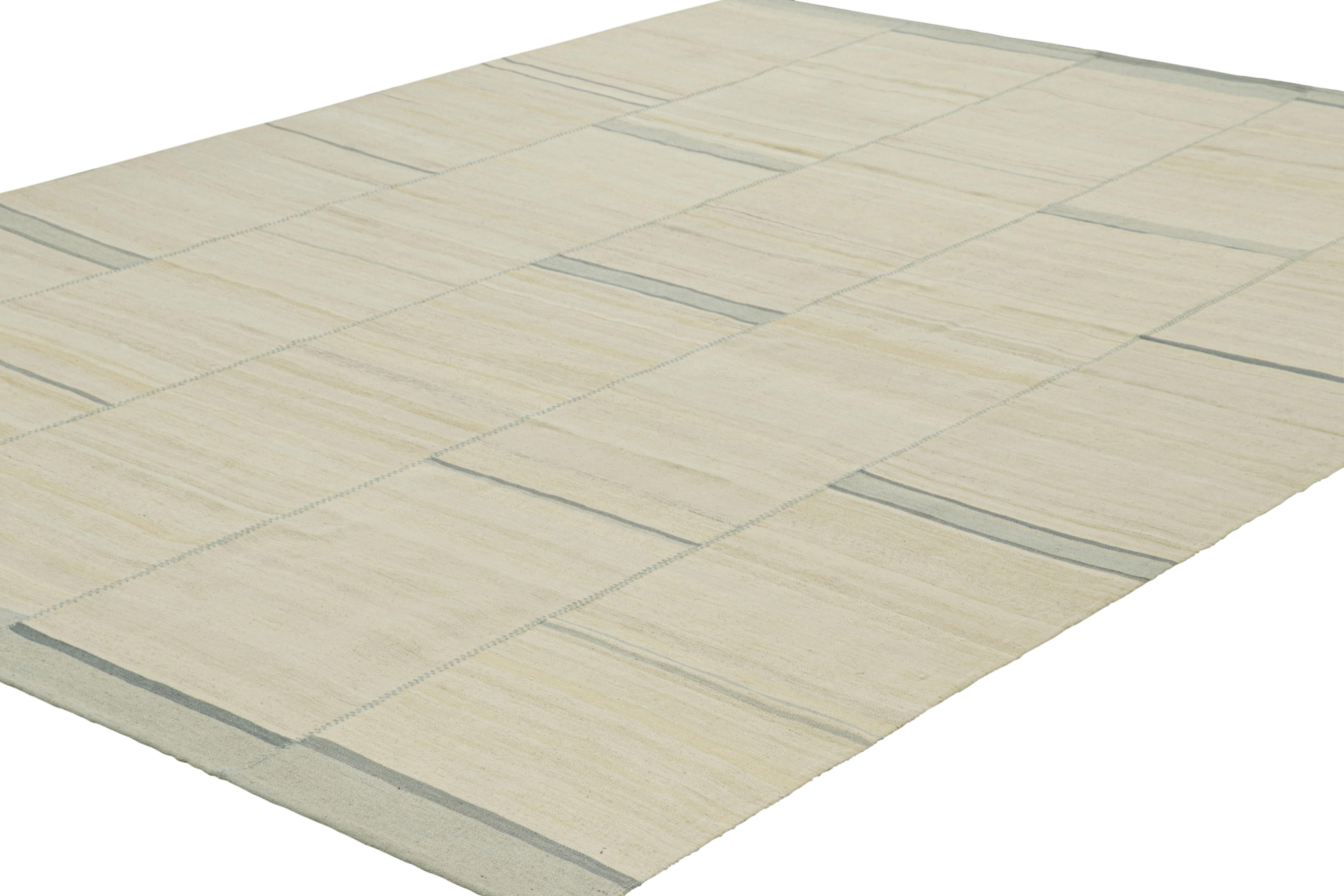 Hand-Woven Rug & Kilim’s Contemporary Kilim with Textural Beige, Cream and Blue Stripes For Sale