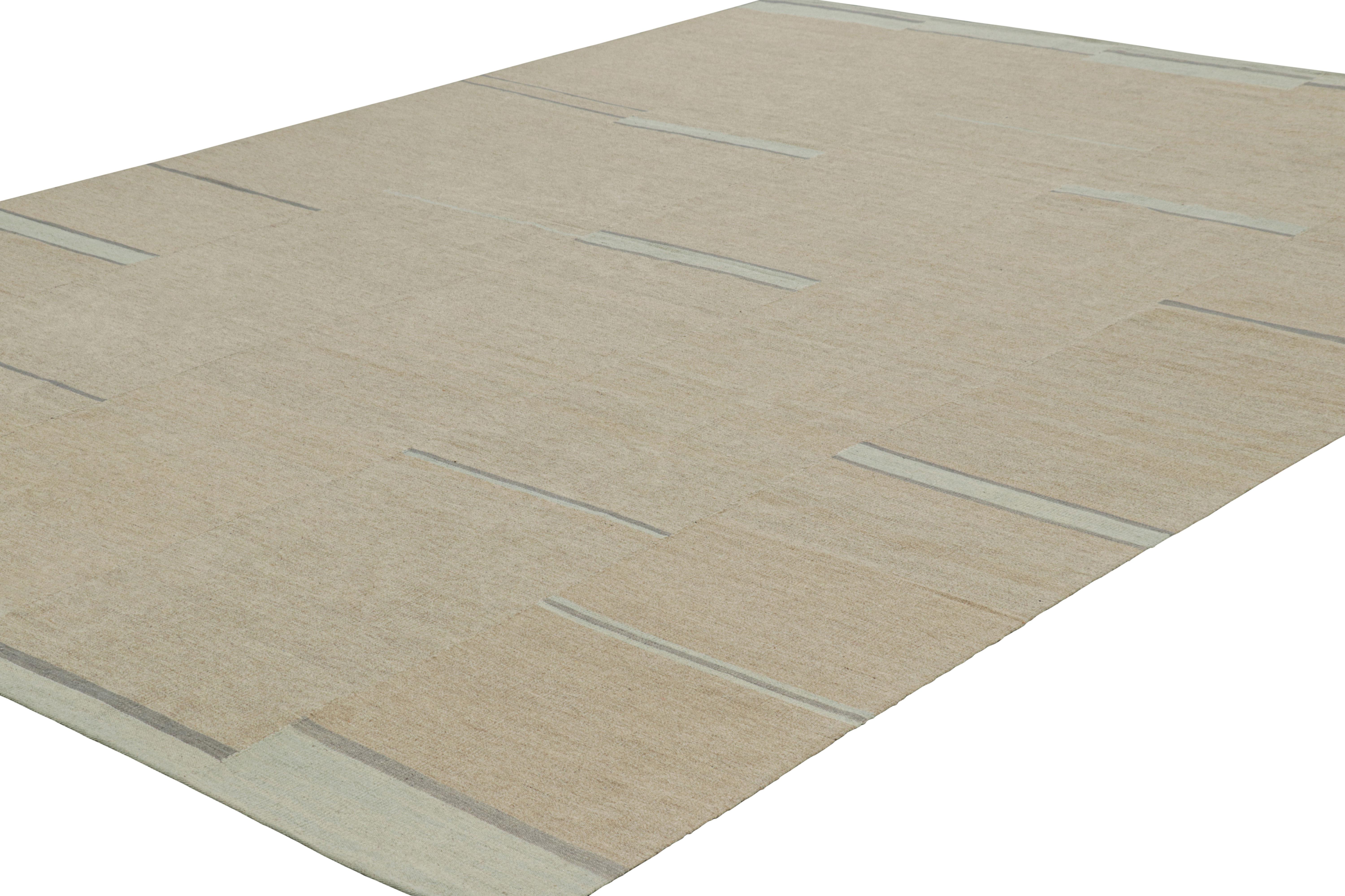 Hand-Woven Rug & Kilim’s Contemporary Kilim with Textural Beige, Cream and Blue Stripes For Sale