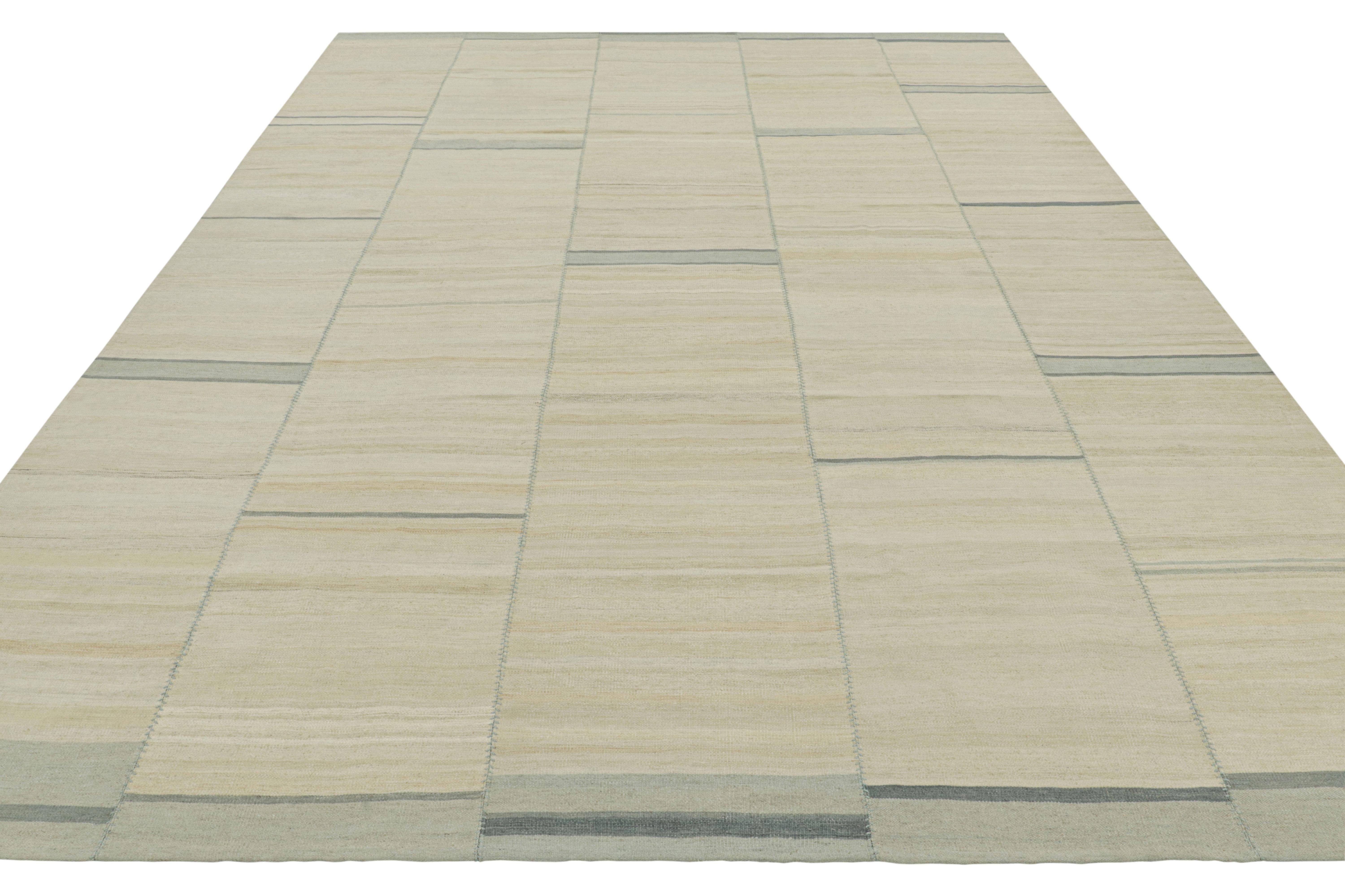Rug & Kilim’s Contemporary Kilim with Textural Beige, Cream and Blue Stripes In New Condition For Sale In Long Island City, NY