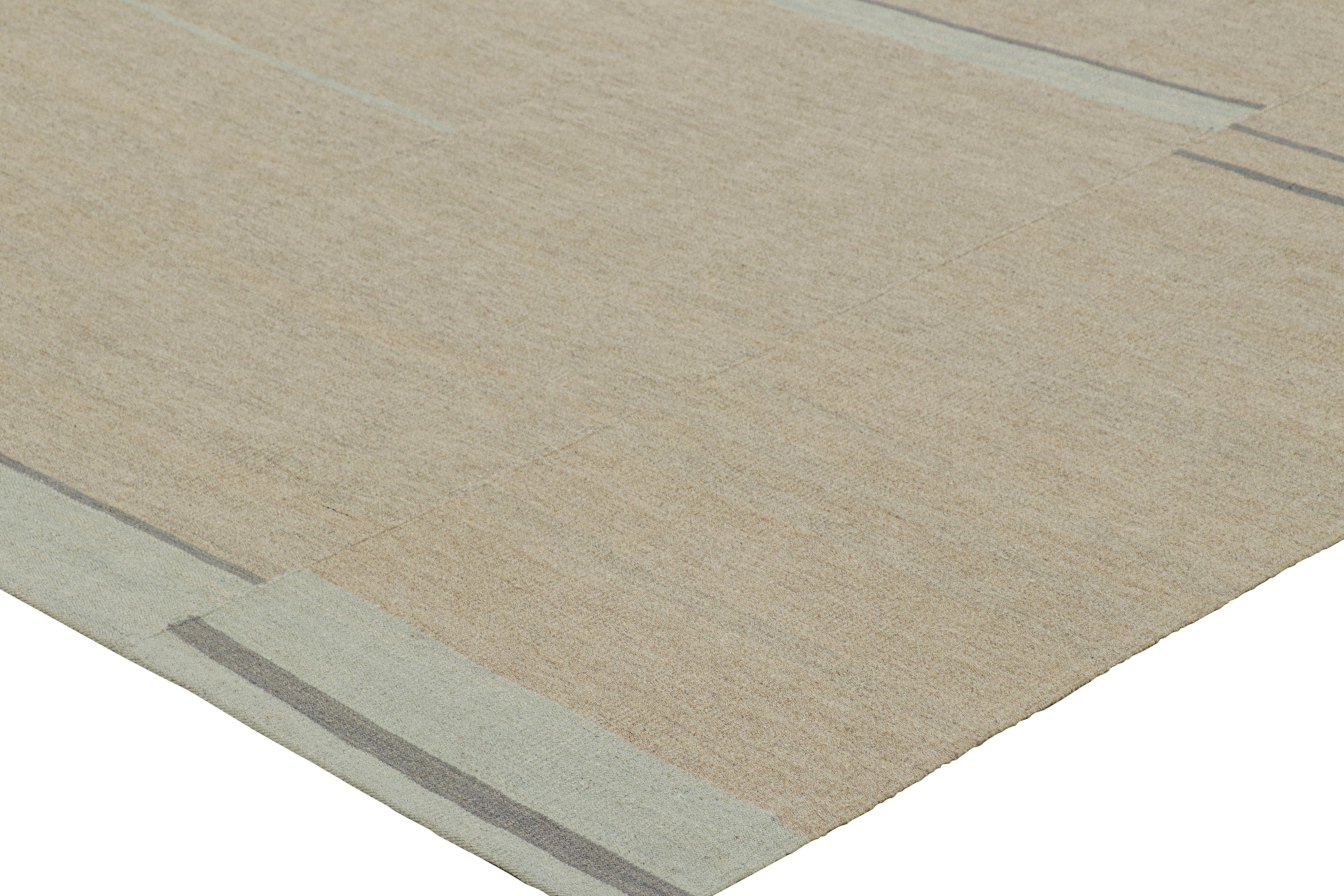 Wool Rug & Kilim’s Contemporary Kilim with Textural Beige, Cream and Blue Stripes For Sale