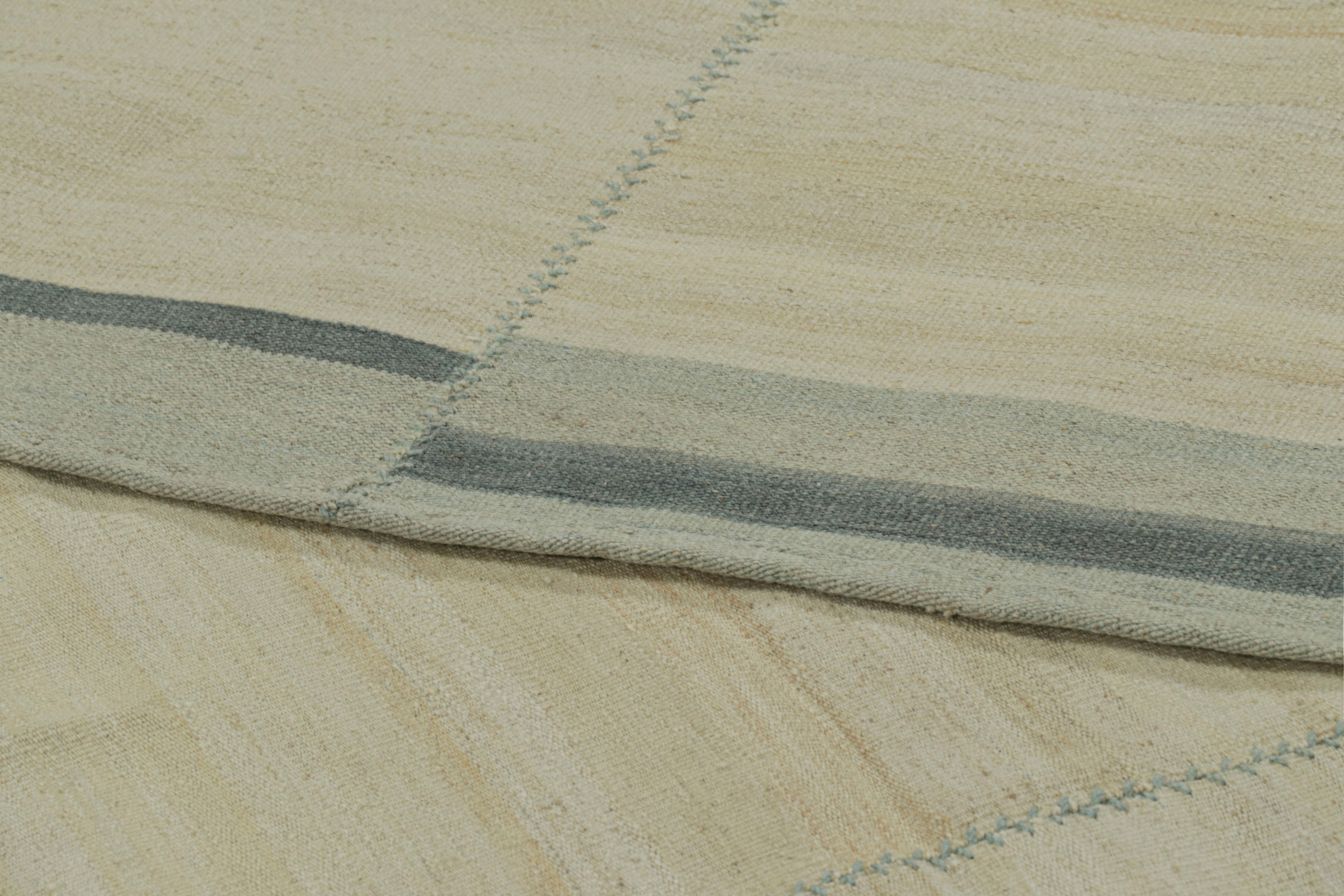 Rug & Kilim’s Contemporary Kilim with Textural Beige, Cream and Blue Stripes For Sale 1