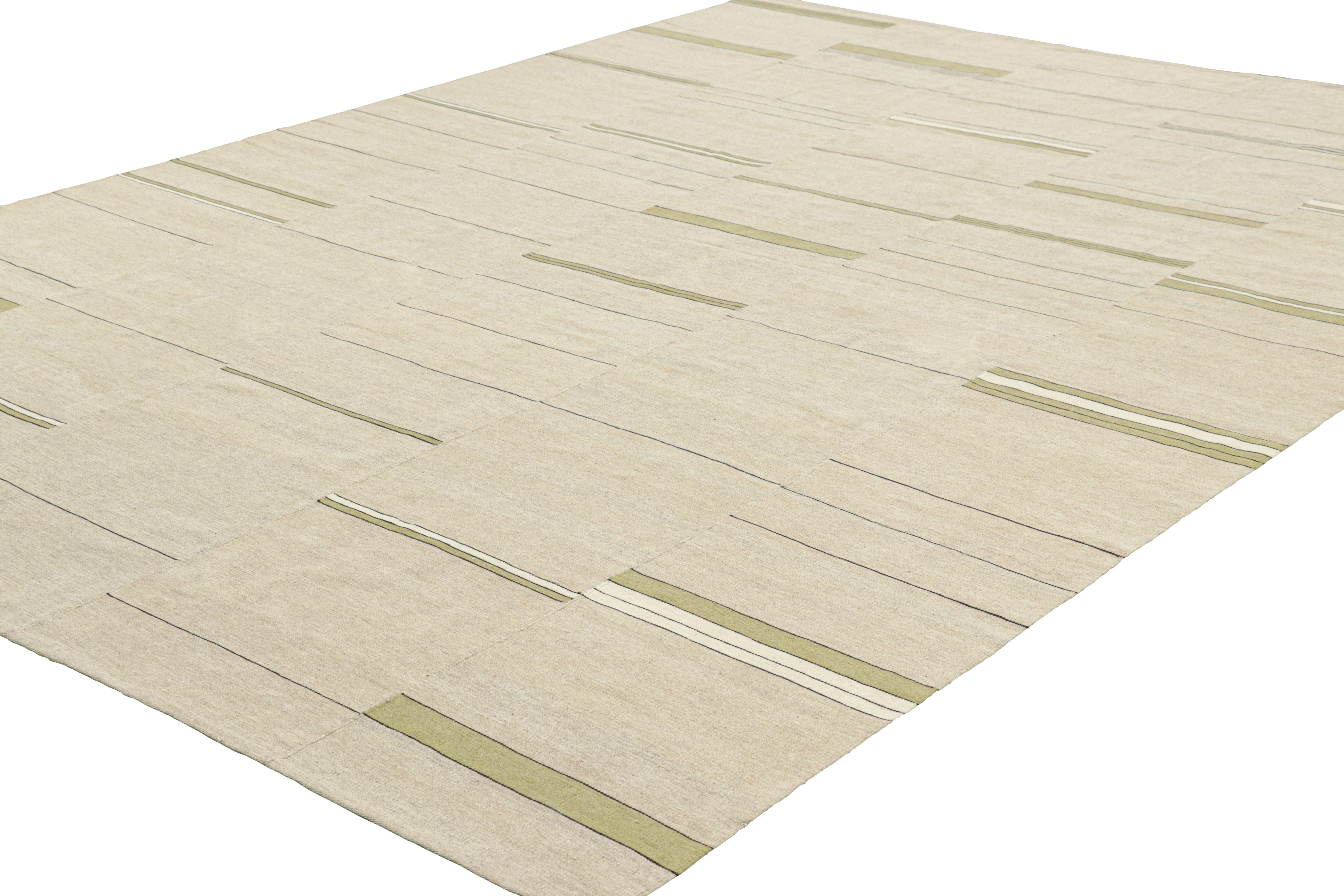 Hand-Woven Rug & Kilim’s Contemporary Kilim with Textural Beige, Cream and Gold Stripes For Sale