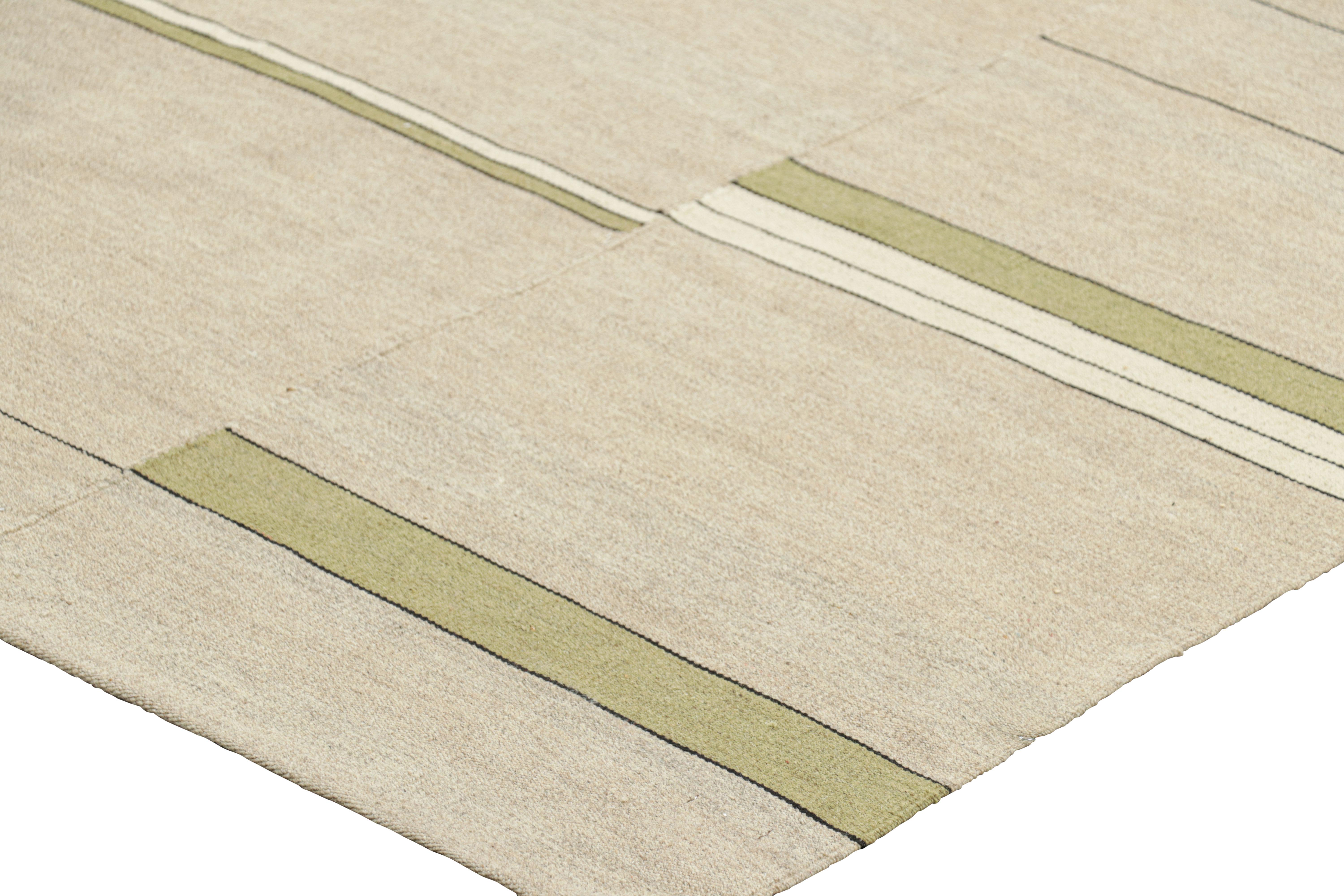 Wool Rug & Kilim’s Contemporary Kilim with Textural Beige, Cream and Gold Stripes For Sale