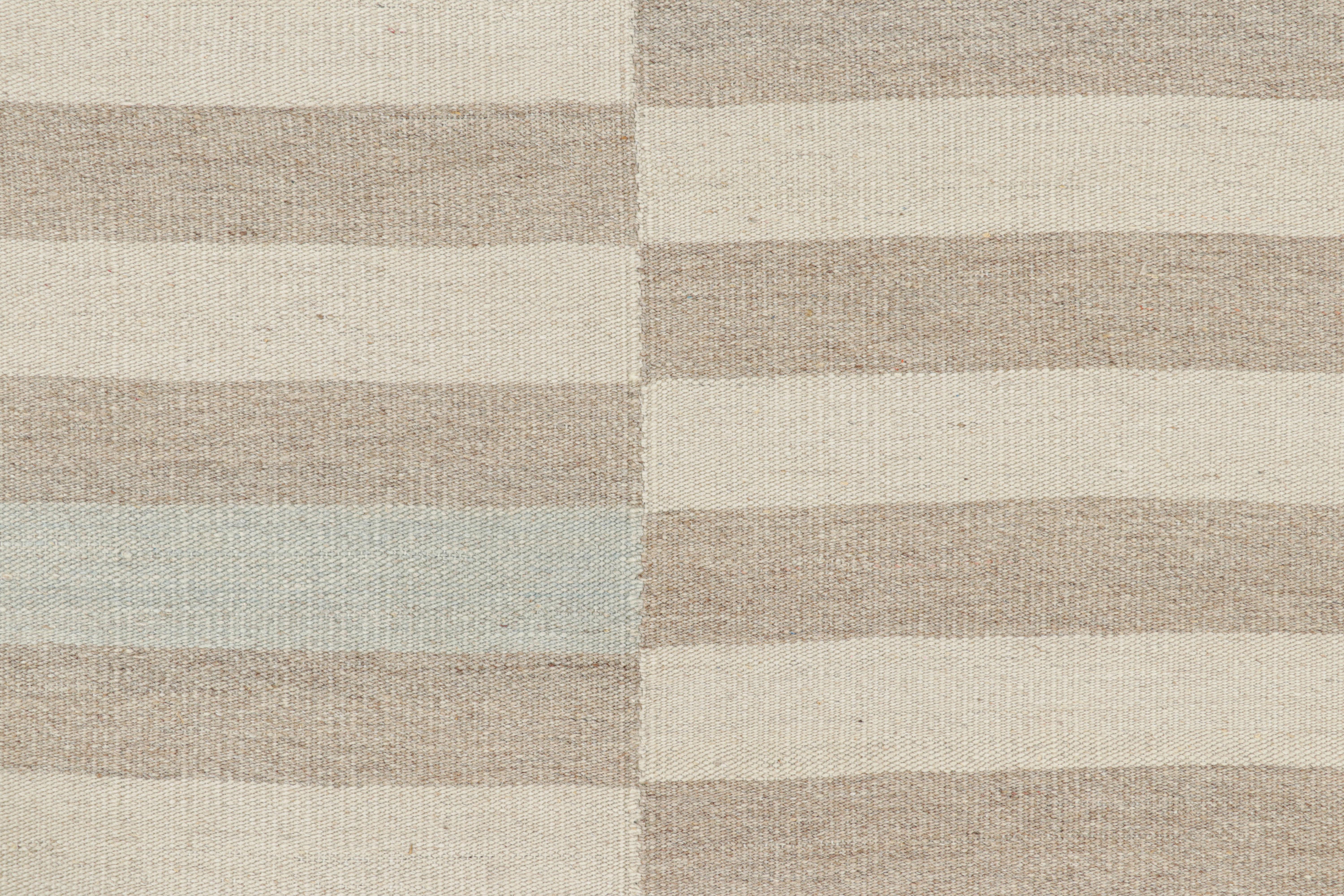 Afghan Rug & Kilim’s Contemporary Kilim with Textural Beige, Taupe and Blue Stripes For Sale