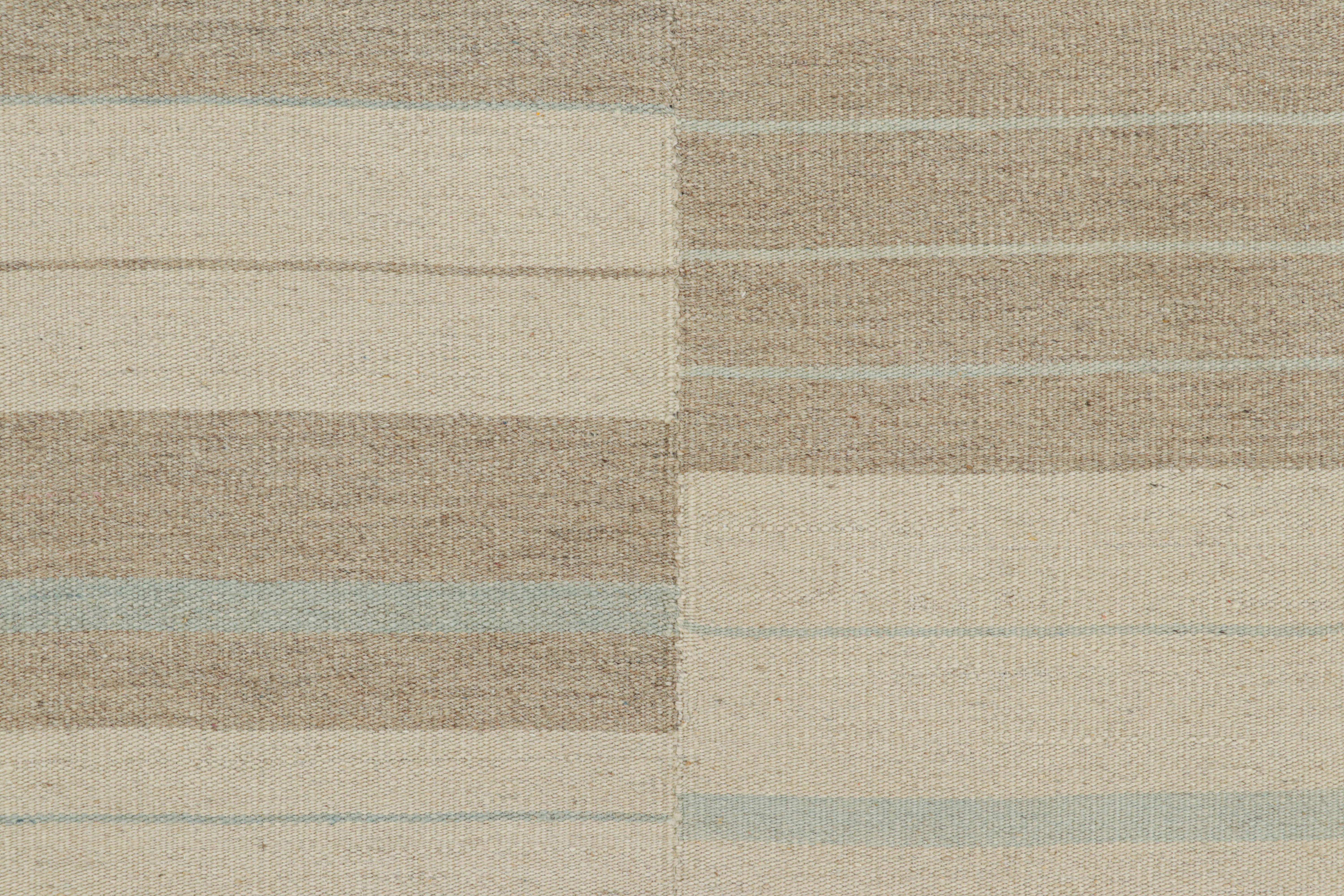 Afghan Rug & Kilim’s Contemporary Kilim with Textural Beige, Taupe and Blue Stripes For Sale