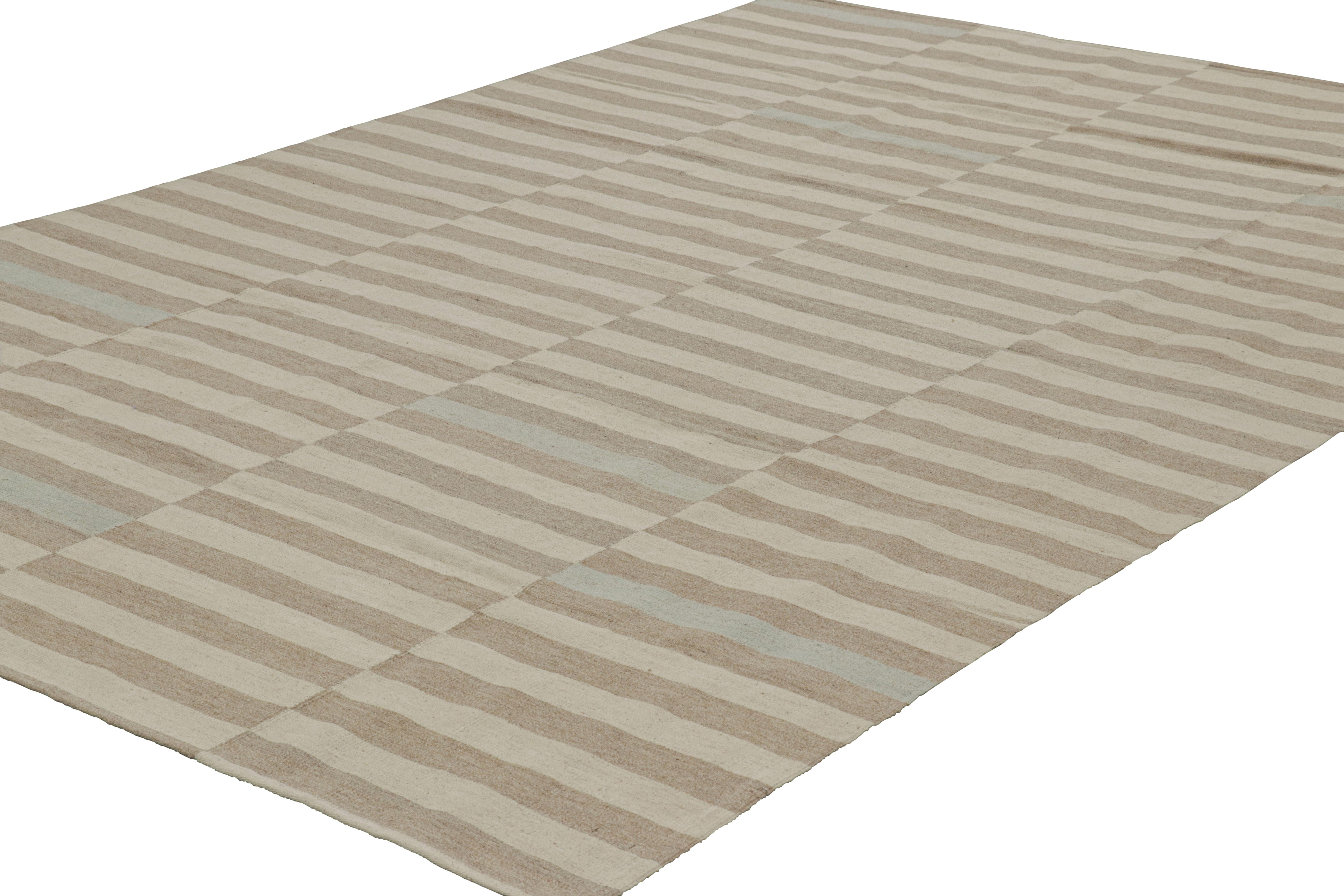 Hand-Woven Rug & Kilim’s Contemporary Kilim with Textural Beige, Taupe and Blue Stripes For Sale