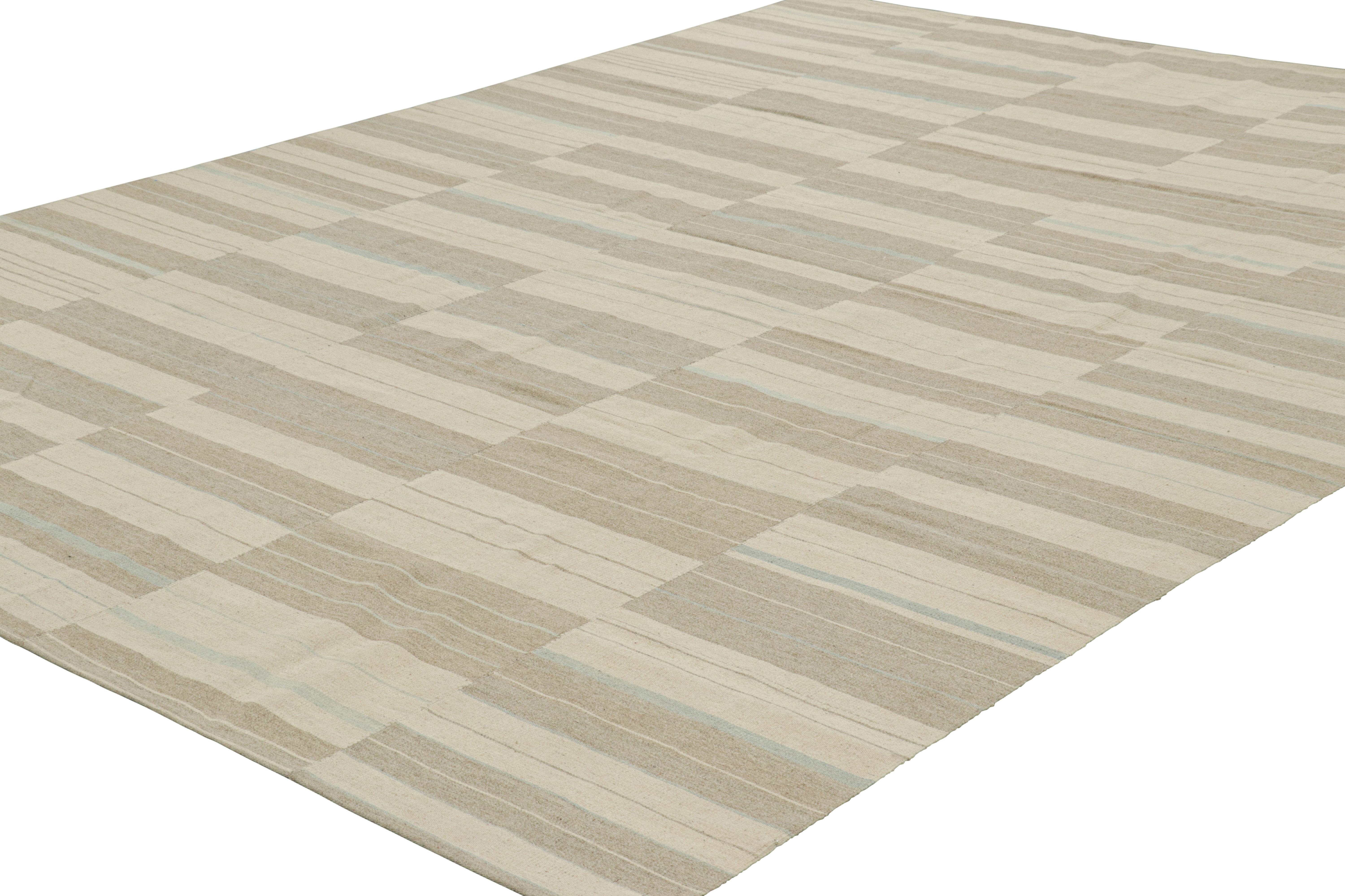 Hand-Woven Rug & Kilim’s Contemporary Kilim with Textural Beige, Taupe and Blue Stripes For Sale