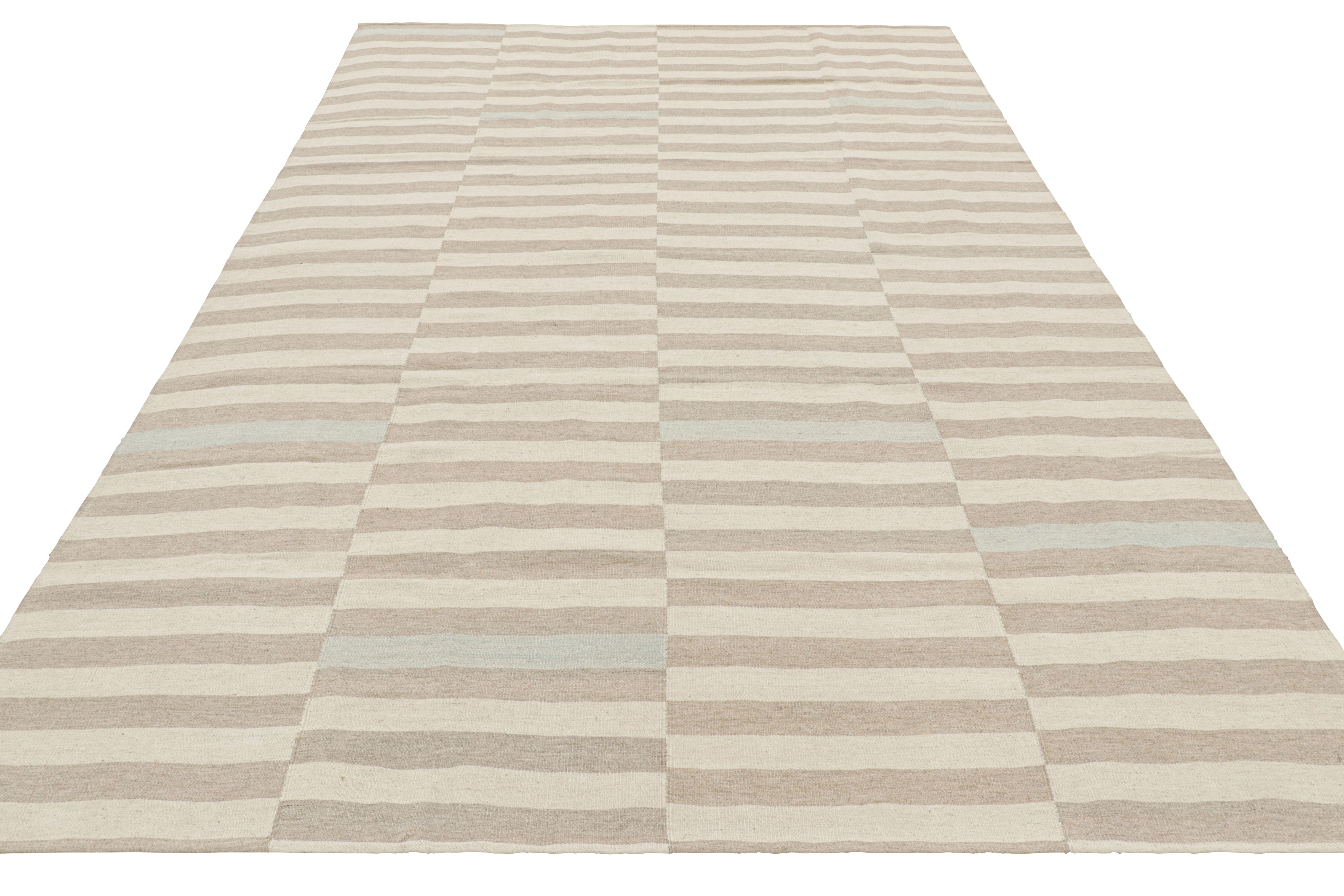 Rug & Kilim’s Contemporary Kilim with Textural Beige, Taupe and Blue Stripes In New Condition For Sale In Long Island City, NY
