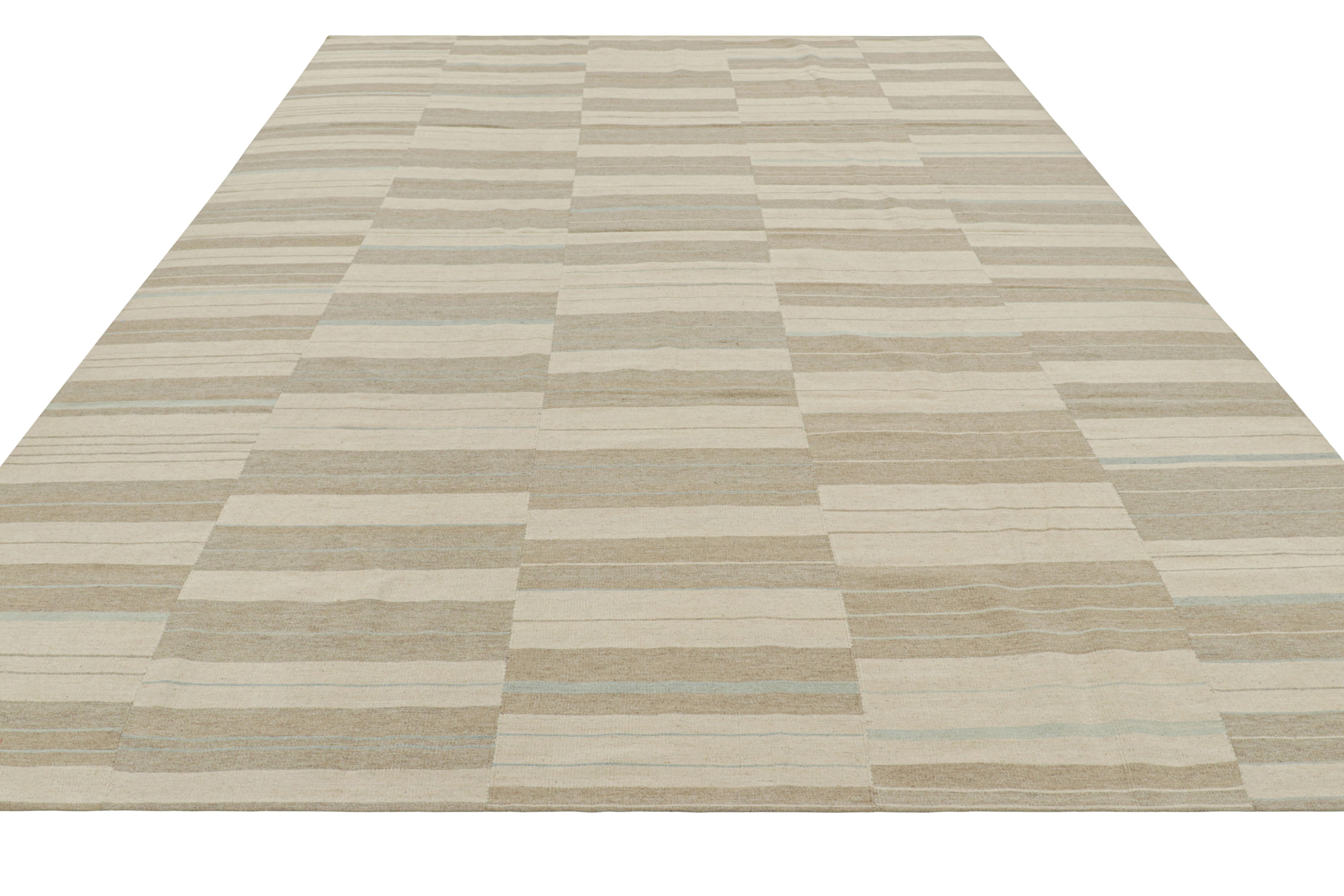 Rug & Kilim’s Contemporary Kilim with Textural Beige, Taupe and Blue Stripes In New Condition For Sale In Long Island City, NY