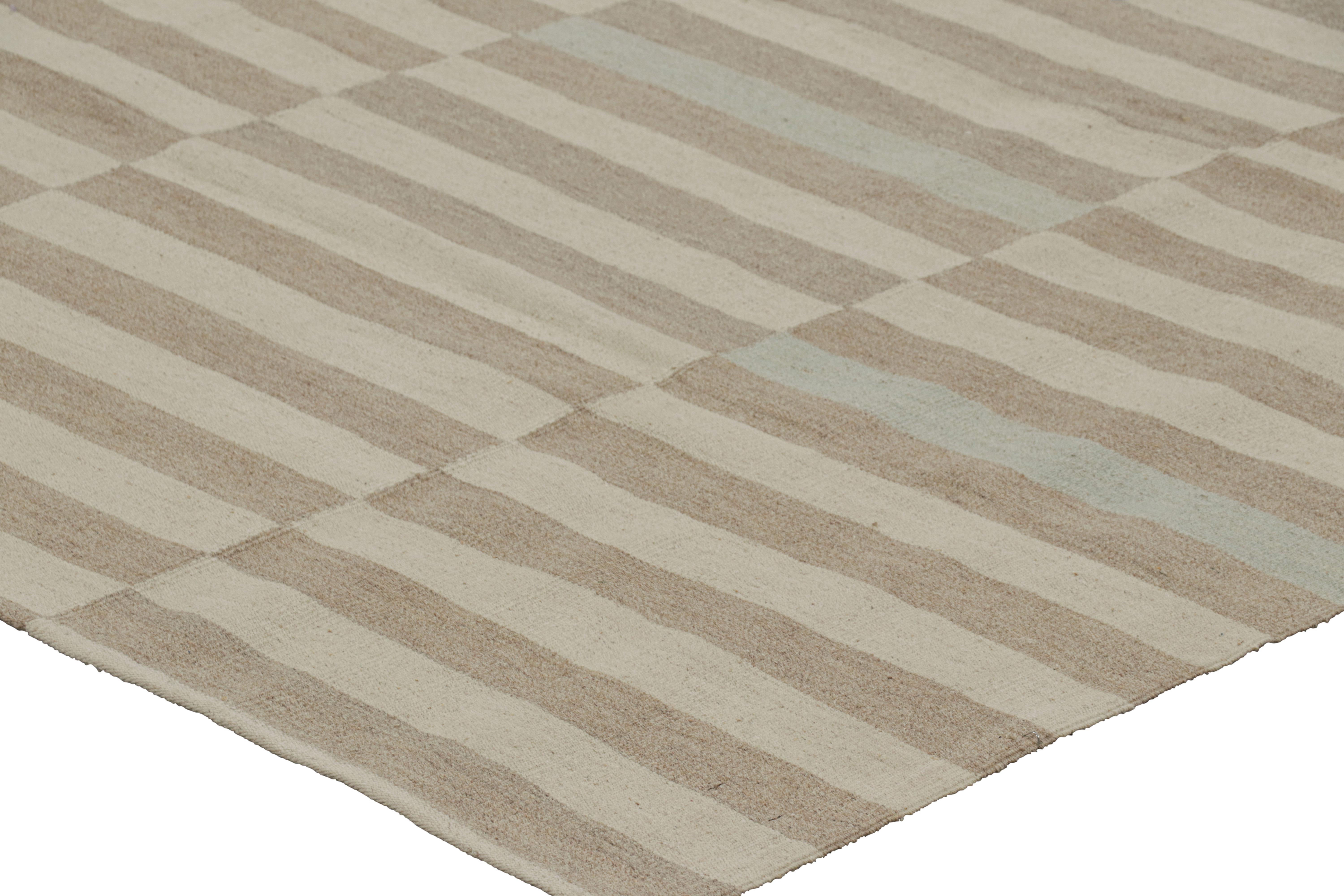 Wool Rug & Kilim’s Contemporary Kilim with Textural Beige, Taupe and Blue Stripes For Sale