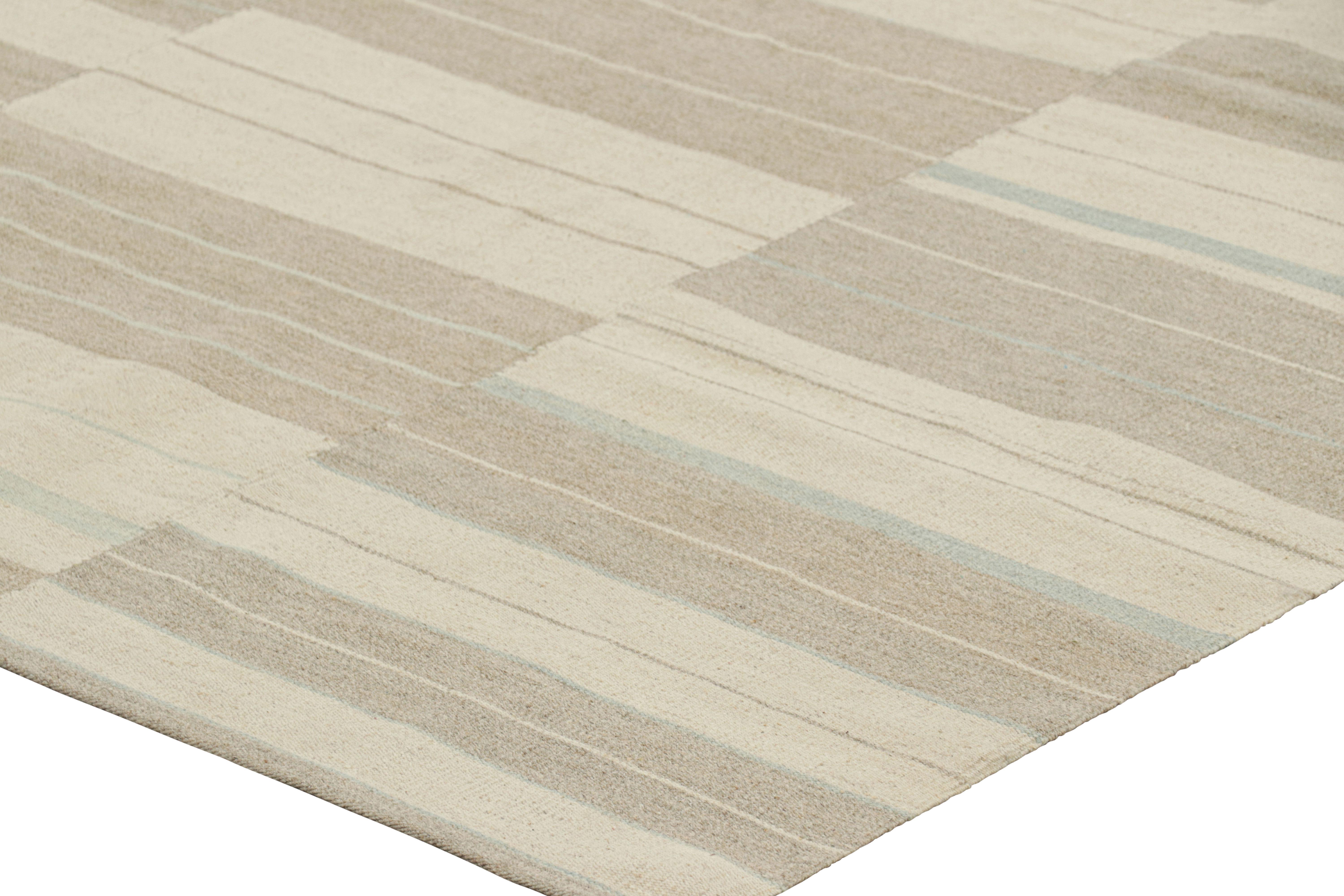 Wool Rug & Kilim’s Contemporary Kilim with Textural Beige, Taupe and Blue Stripes For Sale