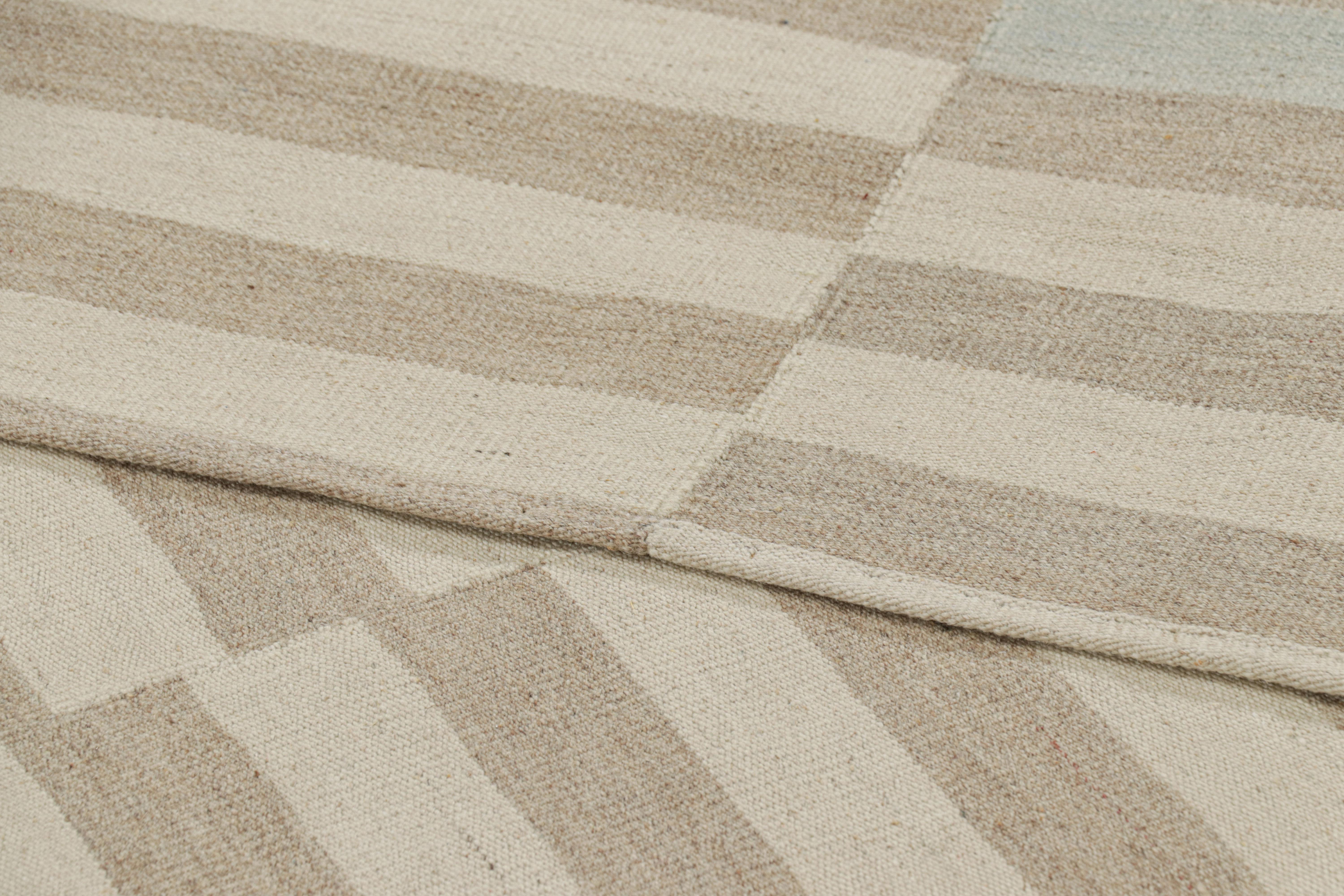 Rug & Kilim’s Contemporary Kilim with Textural Beige, Taupe and Blue Stripes For Sale 1