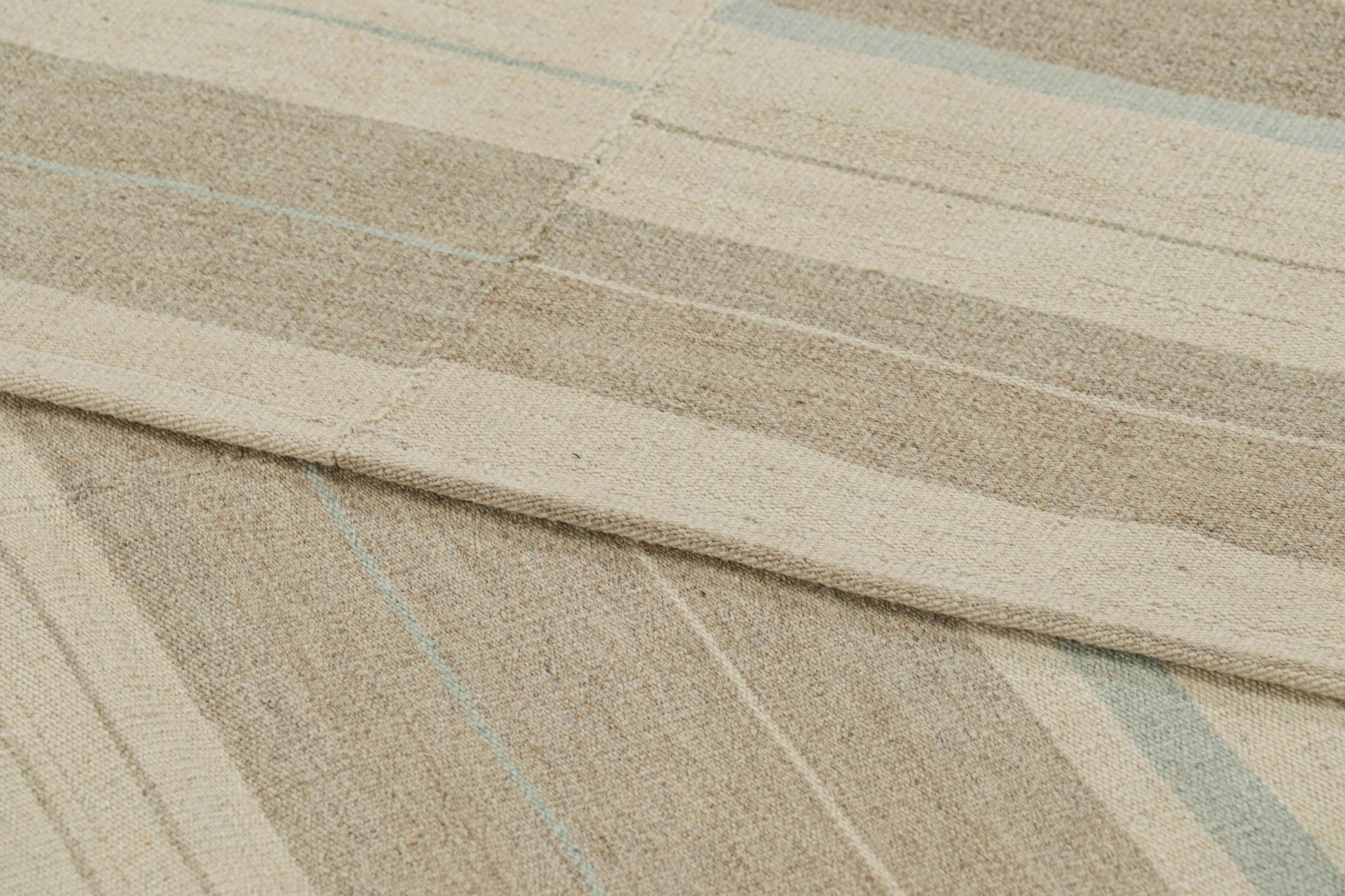 Rug & Kilim’s Contemporary Kilim with Textural Beige, Taupe and Blue Stripes For Sale 1