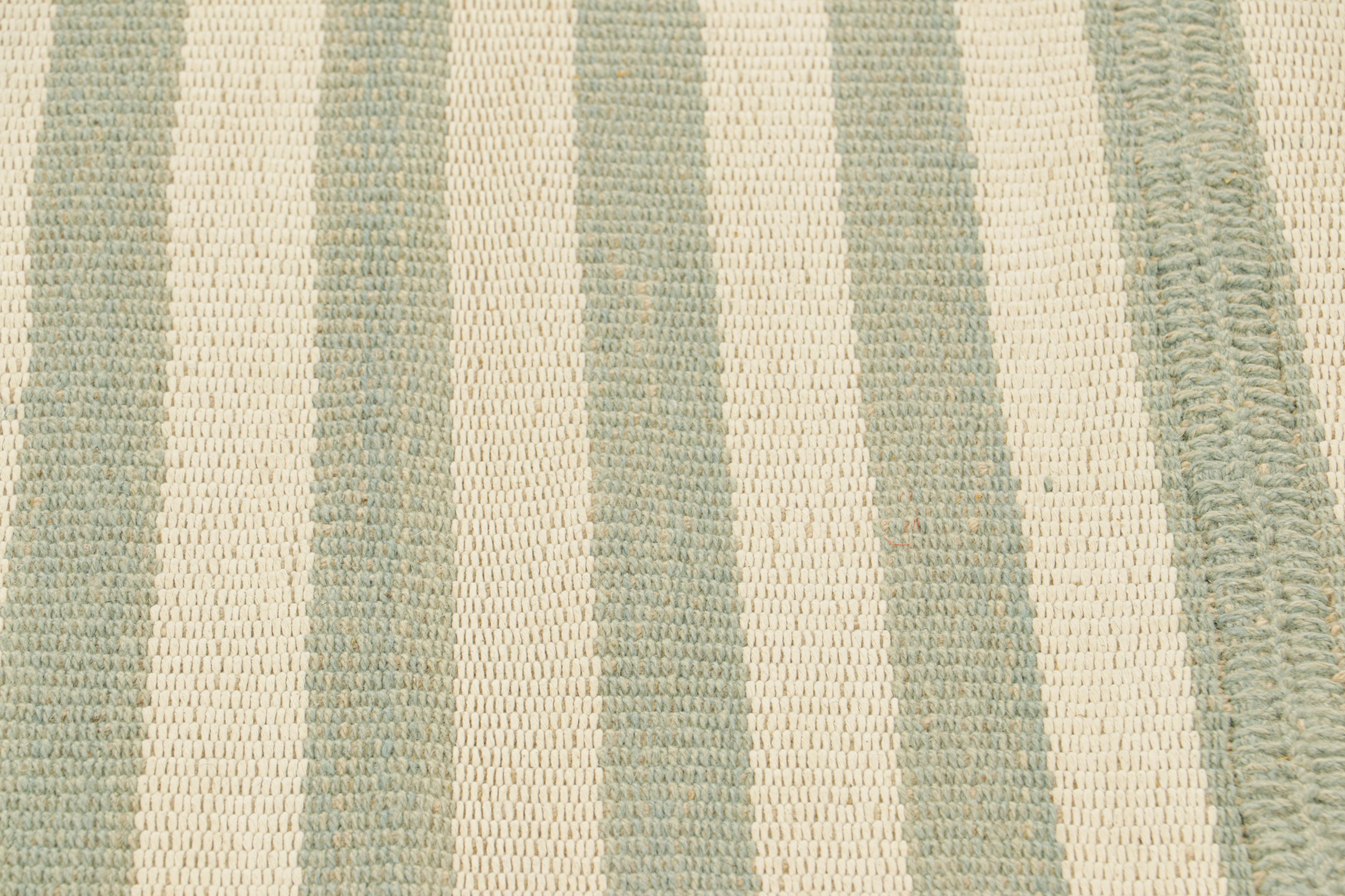 Afghan Rug & Kilim’s Contemporary Kilim with Textural Blue and Cream Stripes For Sale