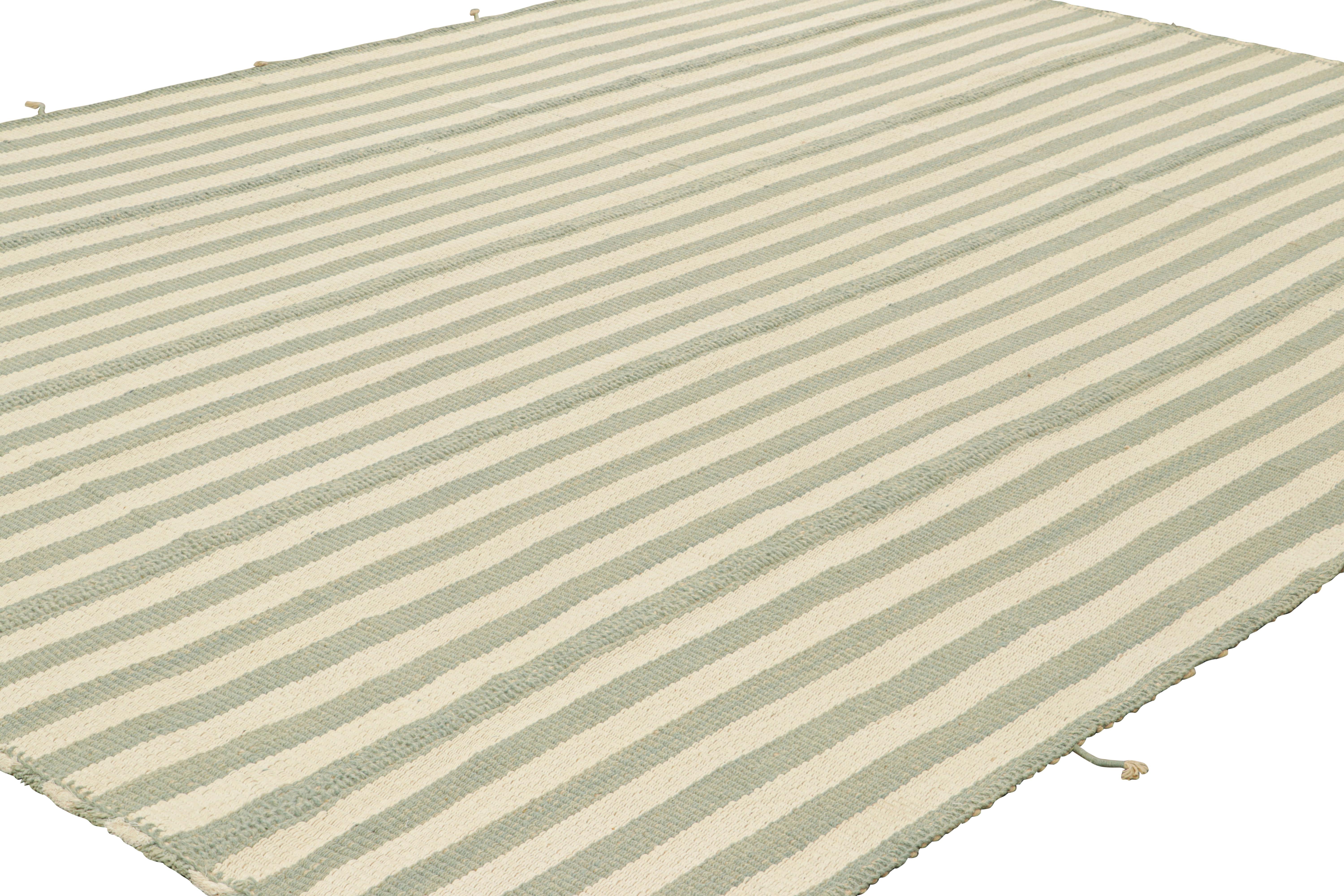 Hand-Woven Rug & Kilim’s Contemporary Kilim with Textural Blue and Cream Stripes For Sale