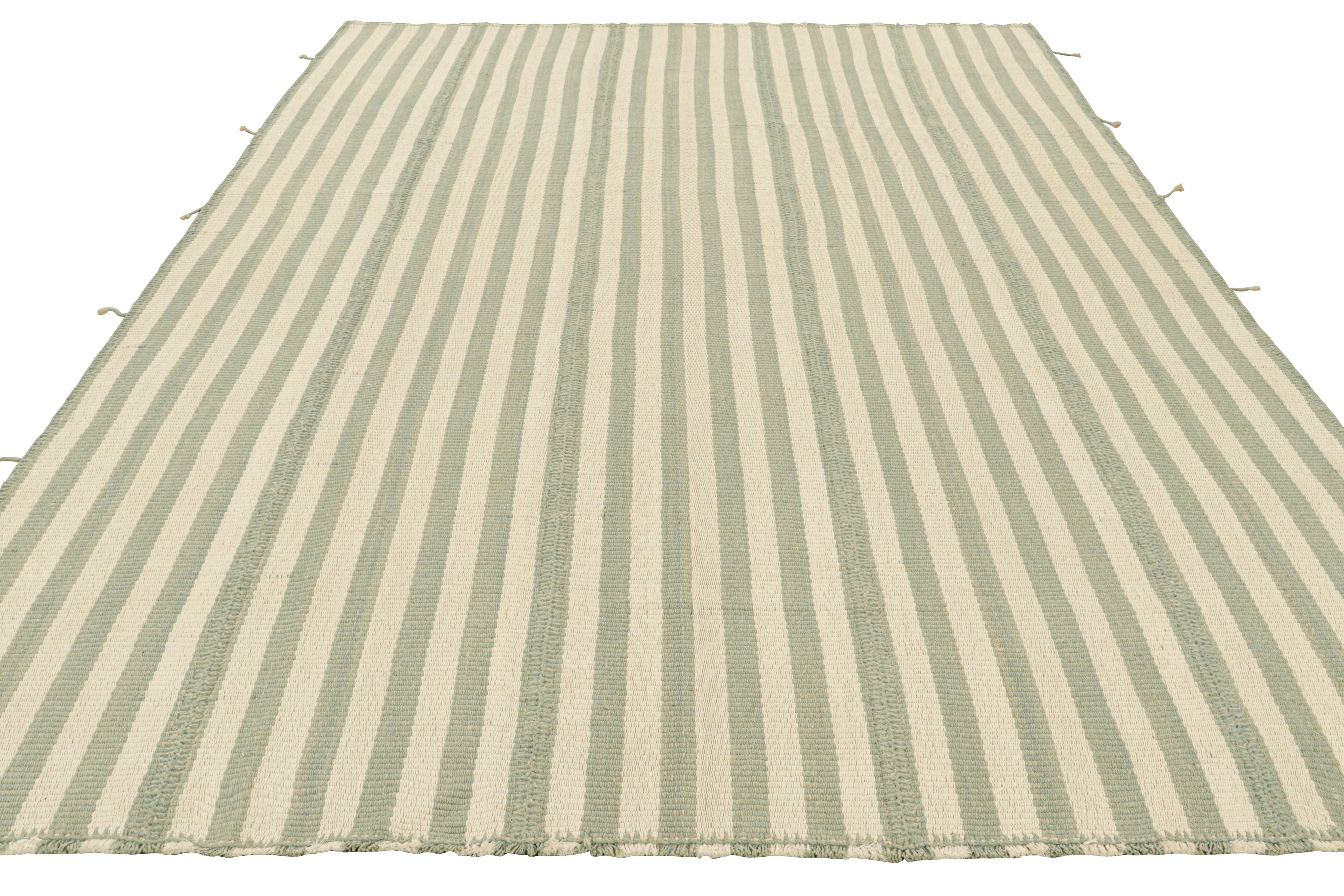 Rug & Kilim’s Contemporary Kilim with Textural Blue and Cream Stripes In New Condition For Sale In Long Island City, NY