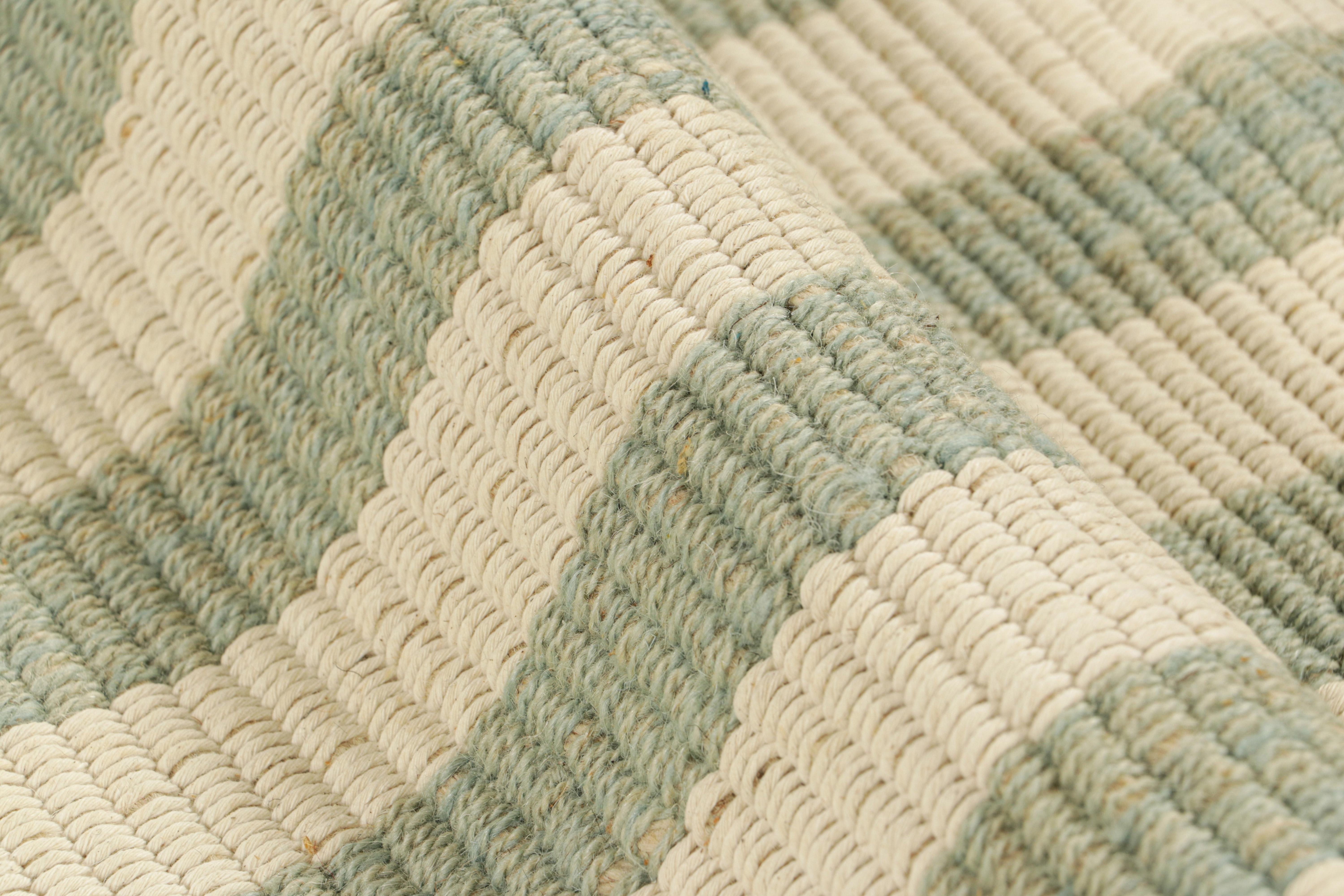 Wool Rug & Kilim’s Contemporary Kilim with Textural Blue and Cream Stripes For Sale
