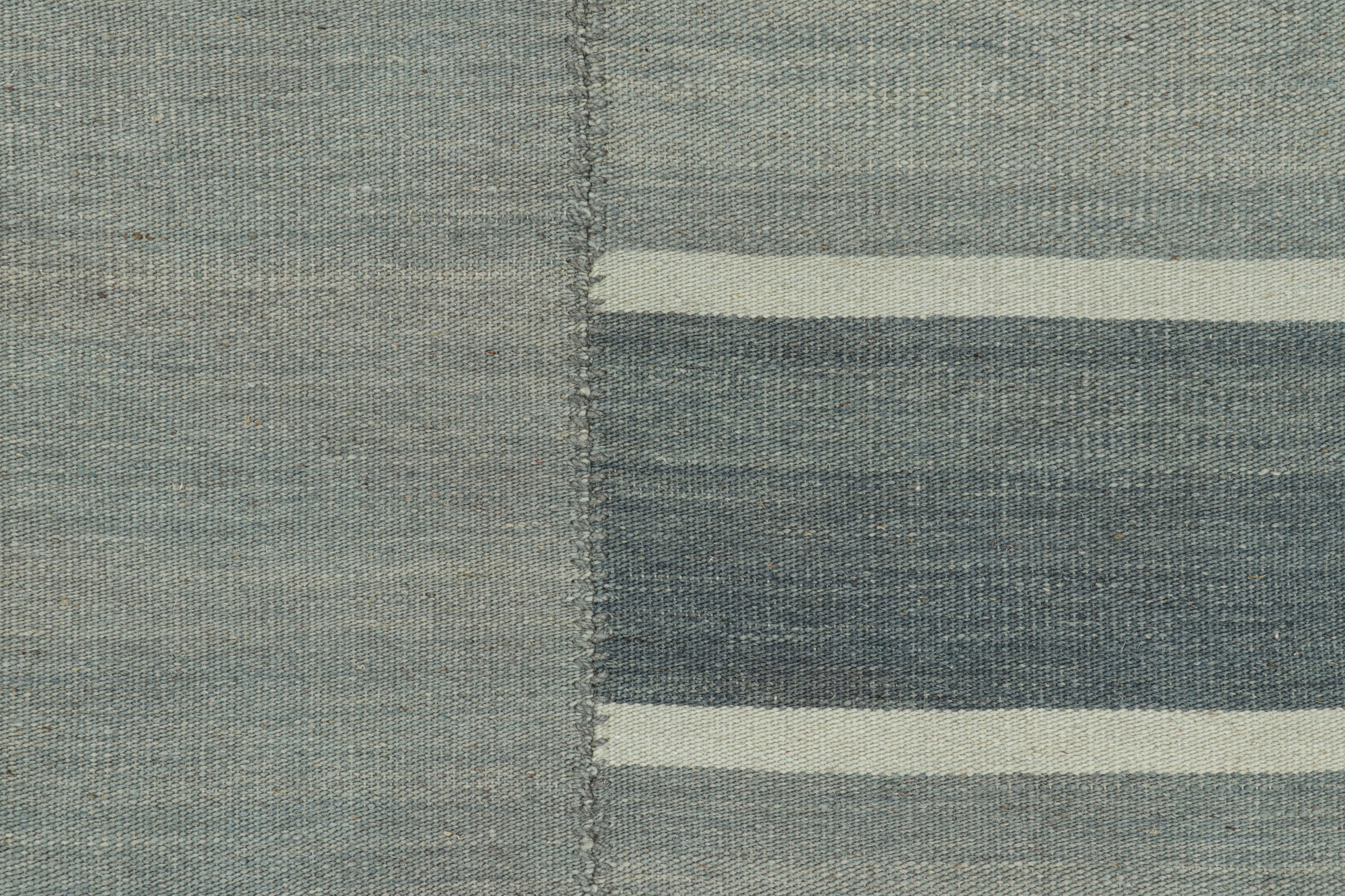 Afghan Rug & Kilim’s Contemporary Kilim with Textural Blue and Gray Stripes For Sale