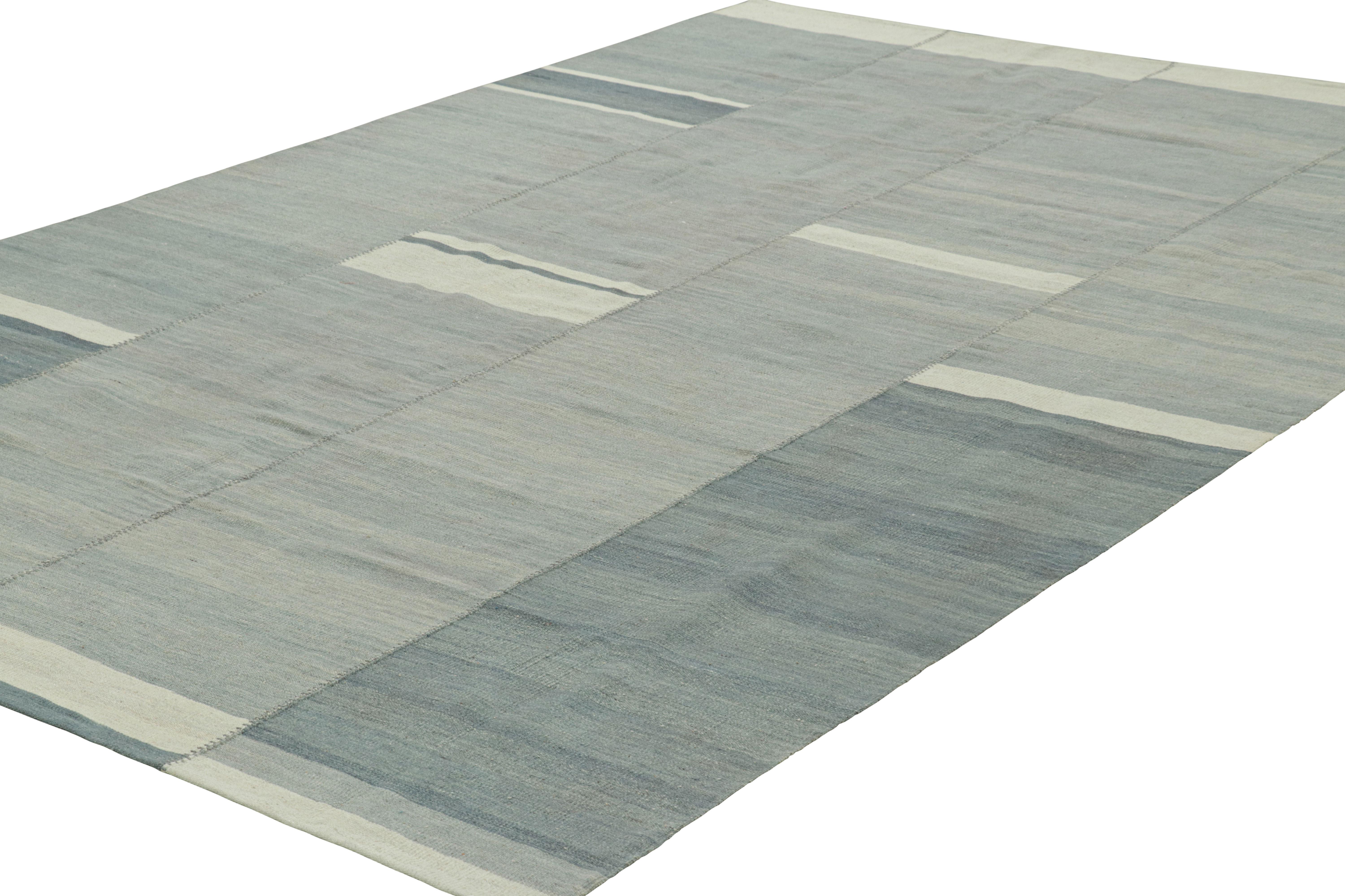 Hand-Woven Rug & Kilim’s Contemporary Kilim with Textural Blue and Gray Stripes For Sale