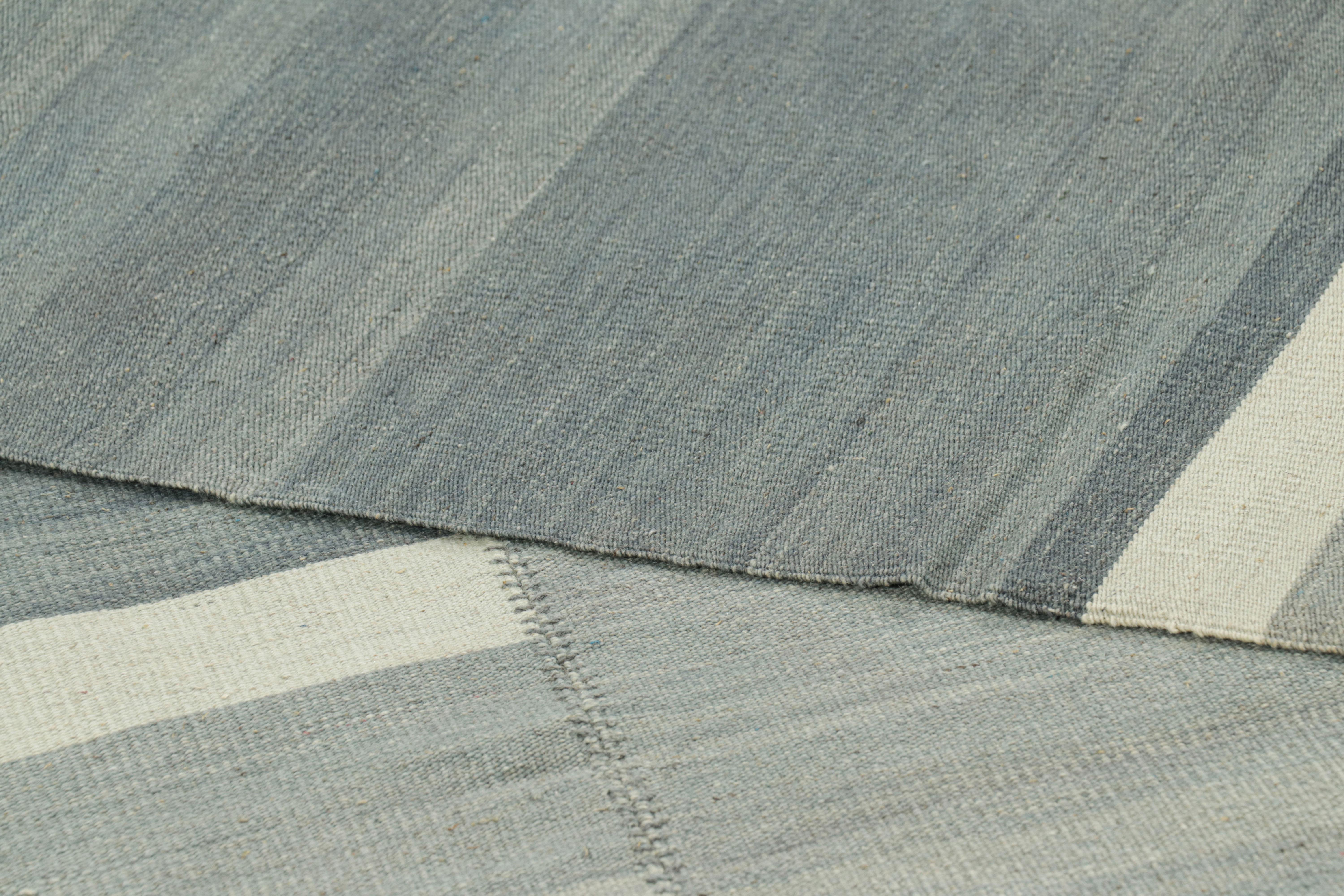 Rug & Kilim’s Contemporary Kilim with Textural Blue and Gray Stripes For Sale 1