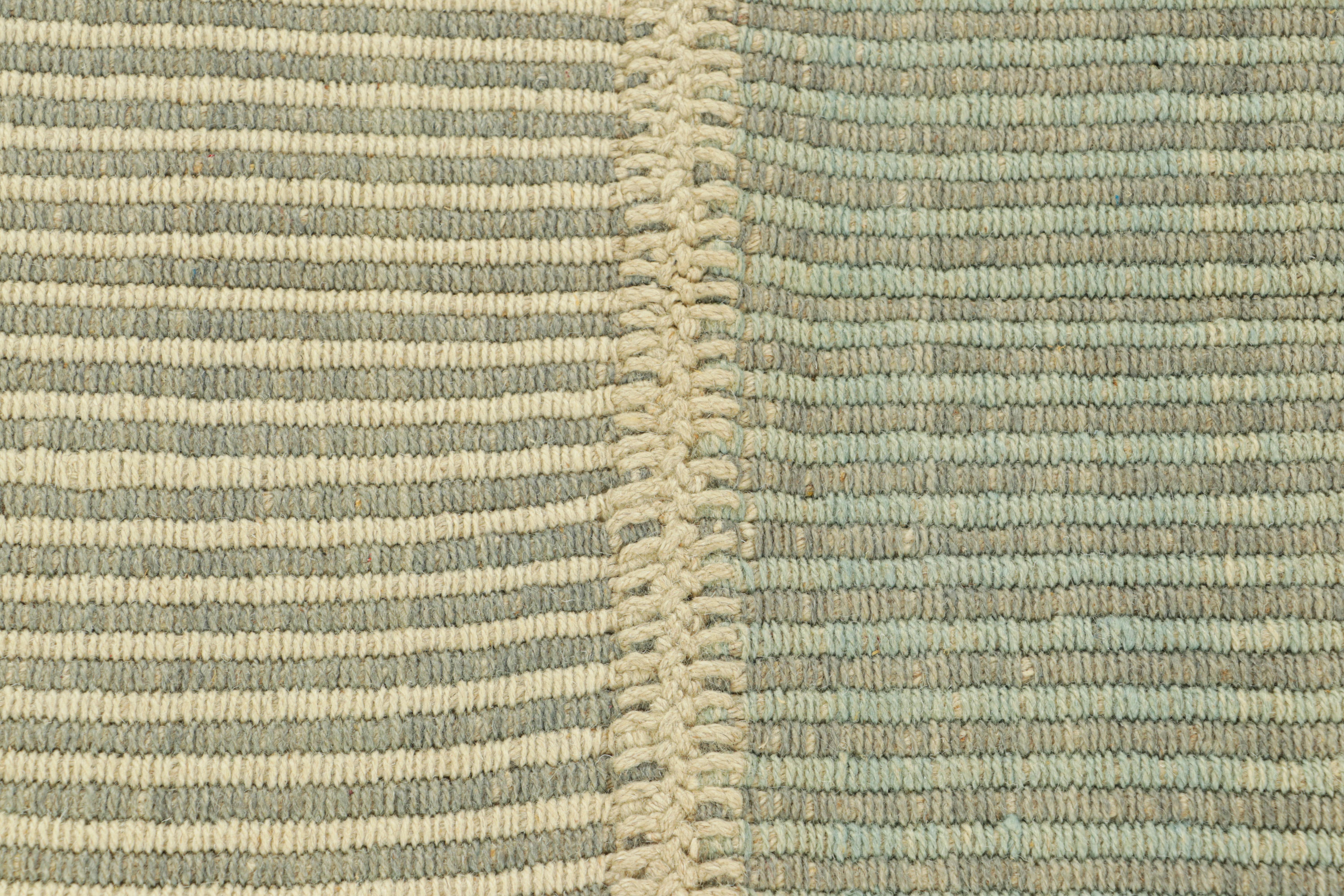 Modern Rug & Kilim’s Contemporary Kilim with Textural Blue White and Gray Stripes For Sale