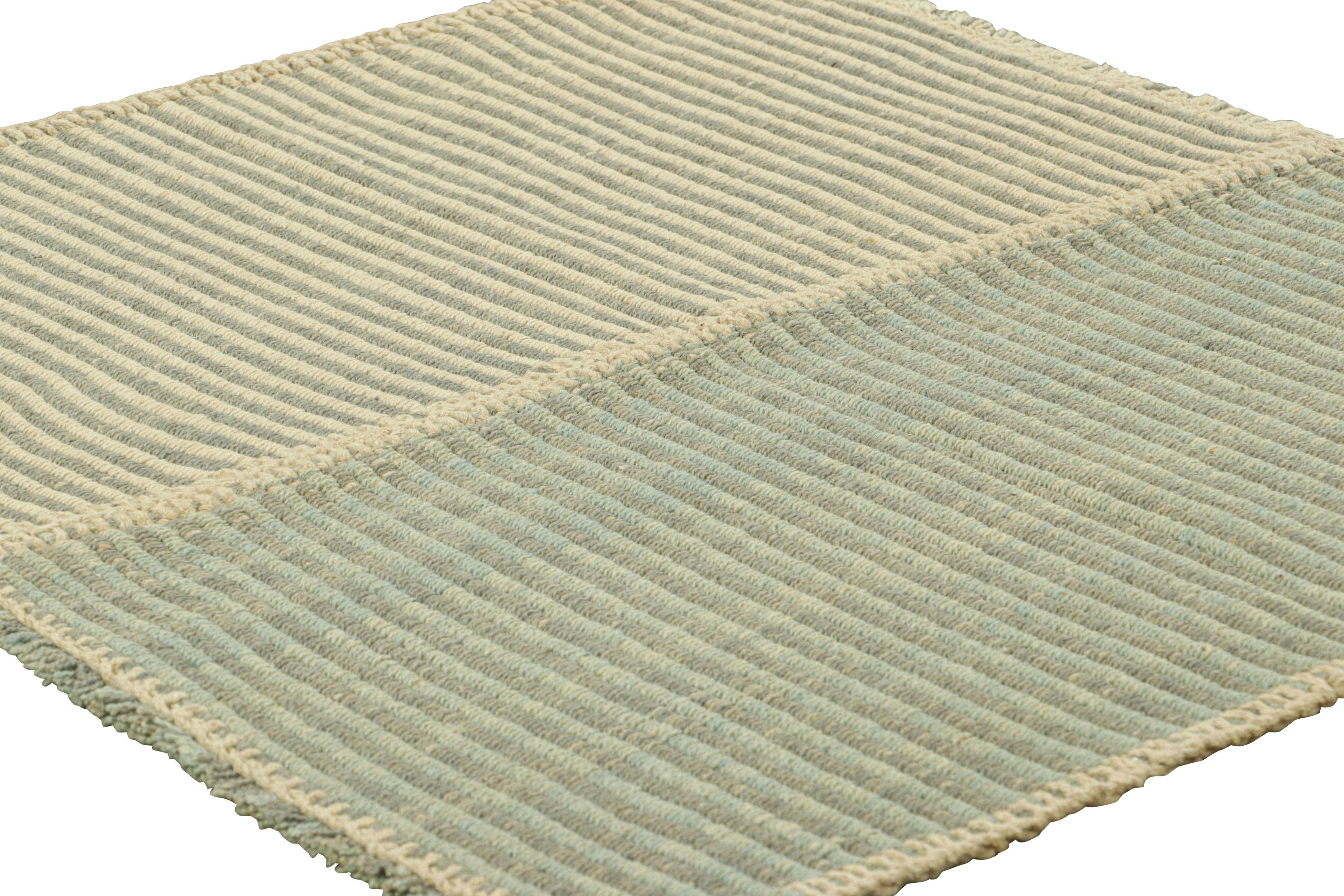 Afghan Rug & Kilim’s Contemporary Kilim with Textural Blue White and Gray Stripes For Sale