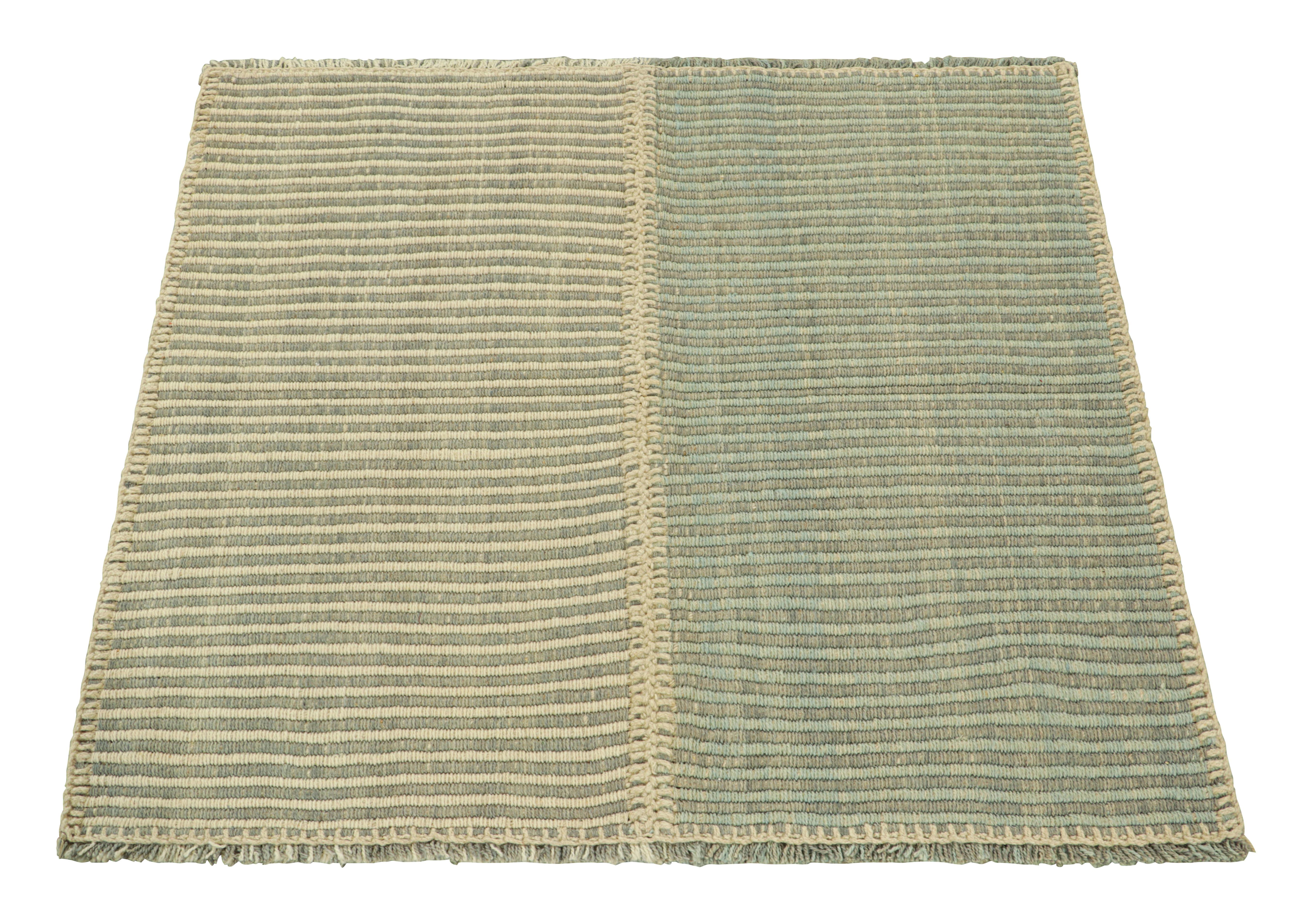 Hand-Woven Rug & Kilim’s Contemporary Kilim with Textural Blue White and Gray Stripes For Sale