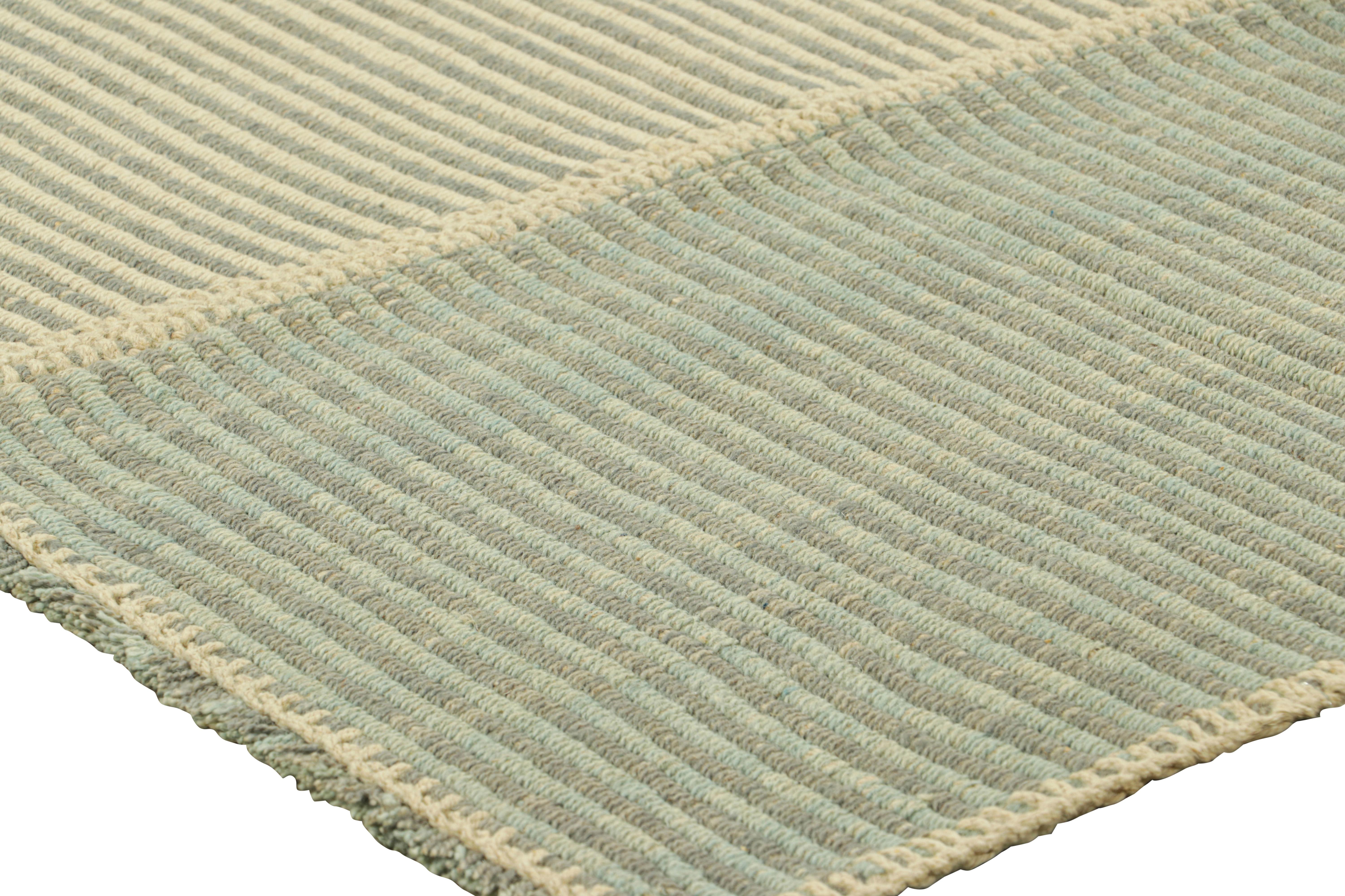 Rug & Kilim’s Contemporary Kilim with Textural Blue White and Gray Stripes In New Condition For Sale In Long Island City, NY