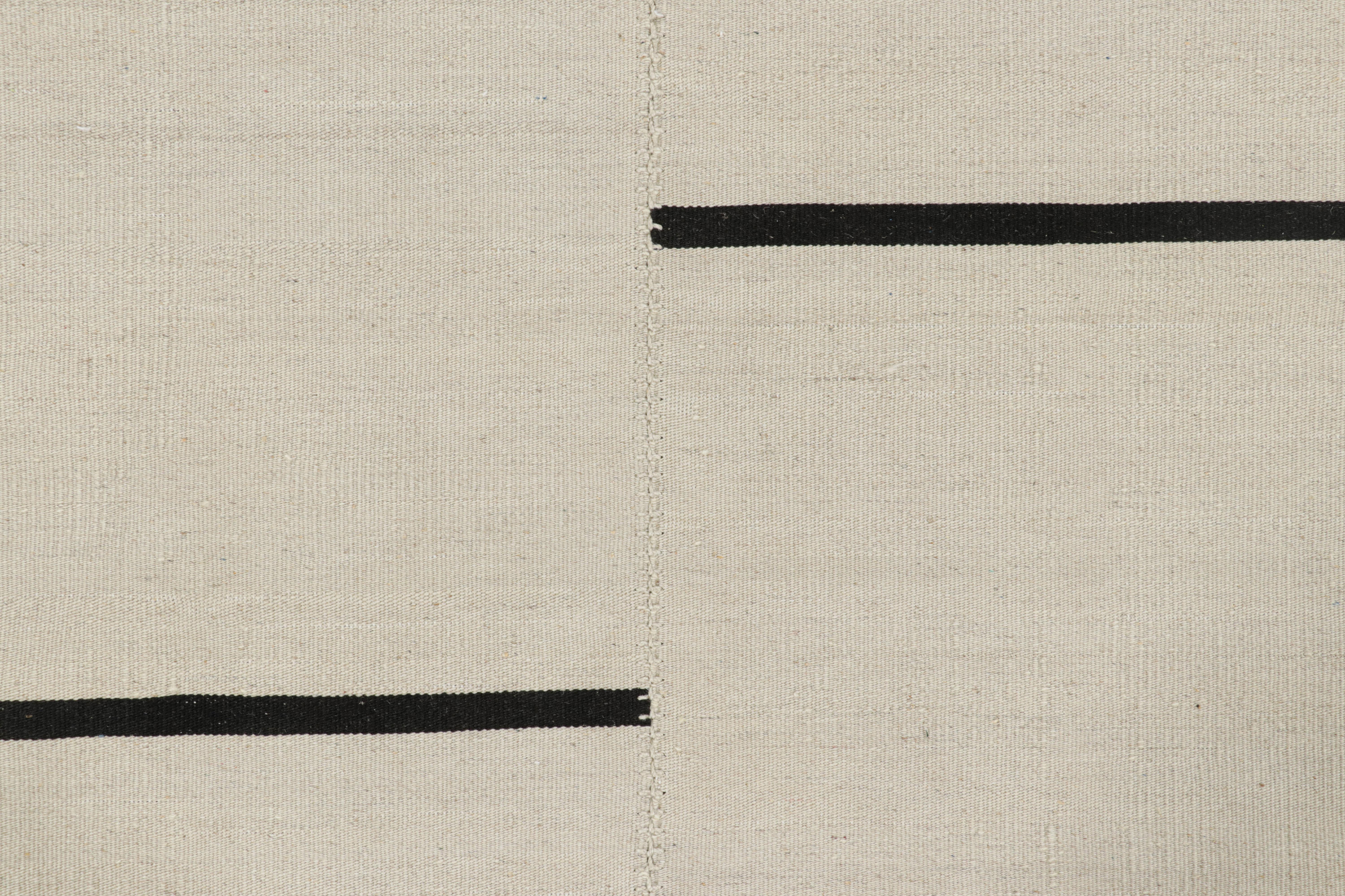 Afghan Rug & Kilim’s Contemporary Kilim with Textural Cream and Black Stripes For Sale