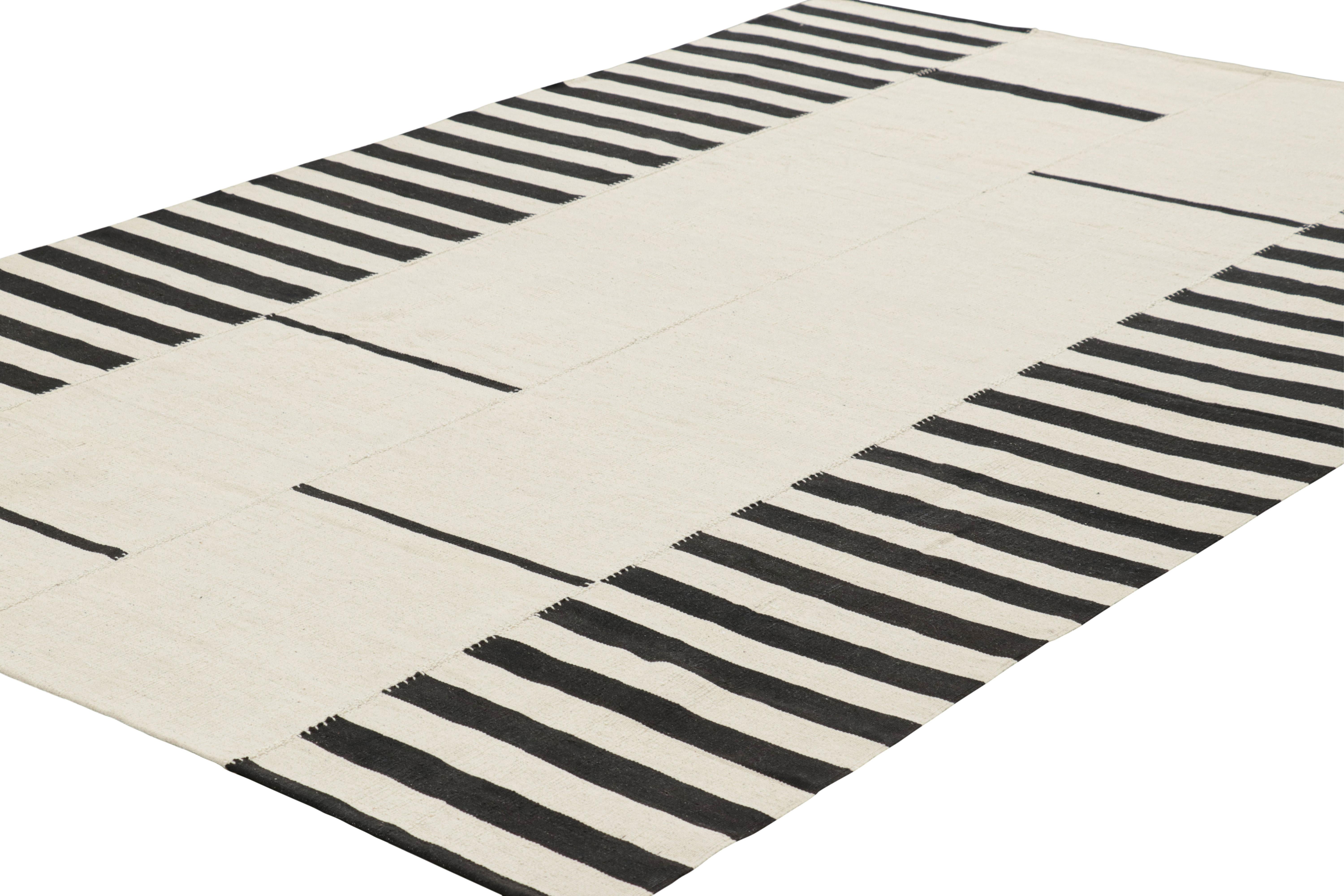 Hand-Woven Rug & Kilim’s Contemporary Kilim with Textural Cream and Black Stripes For Sale