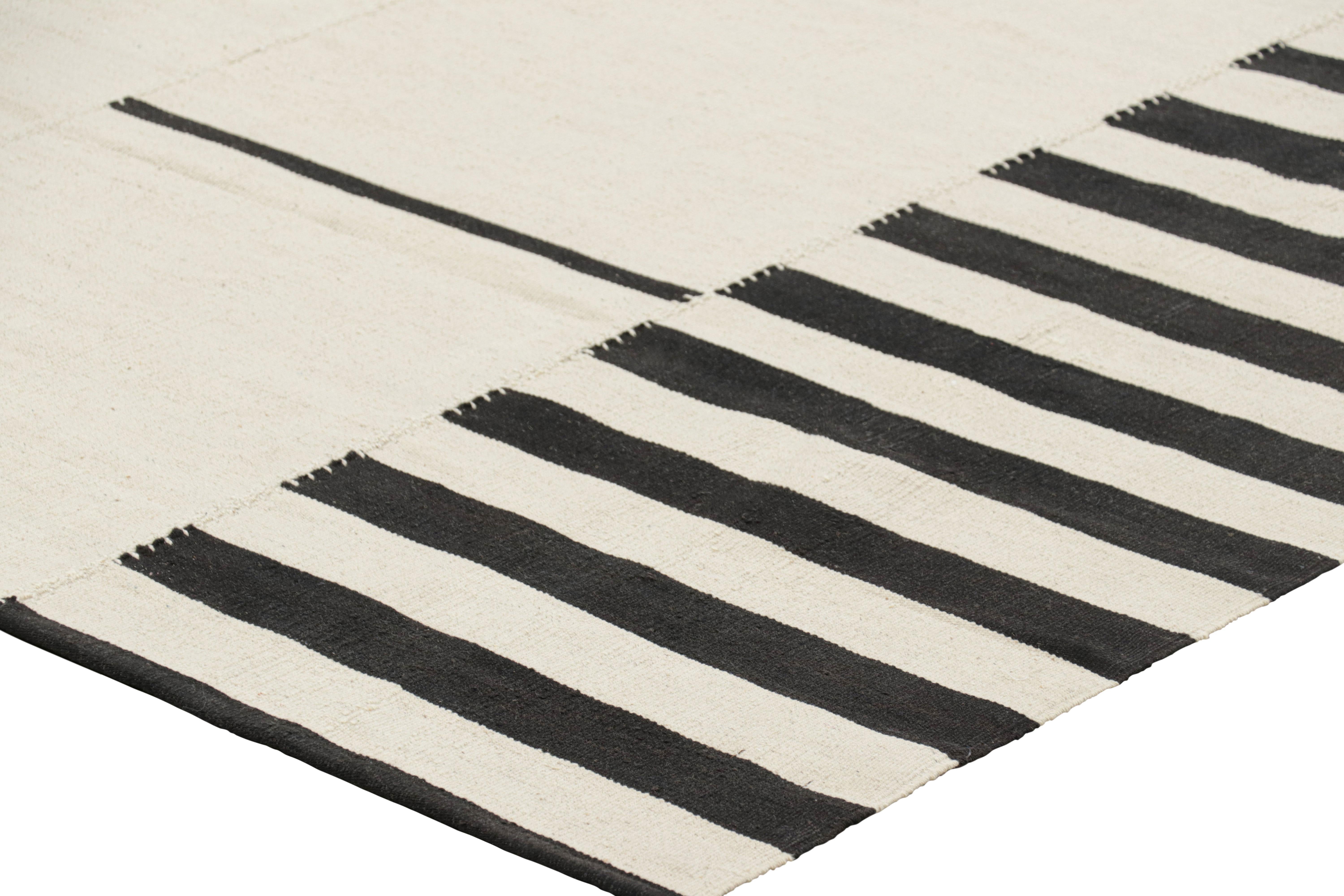 Wool Rug & Kilim’s Contemporary Kilim with Textural Cream and Black Stripes For Sale