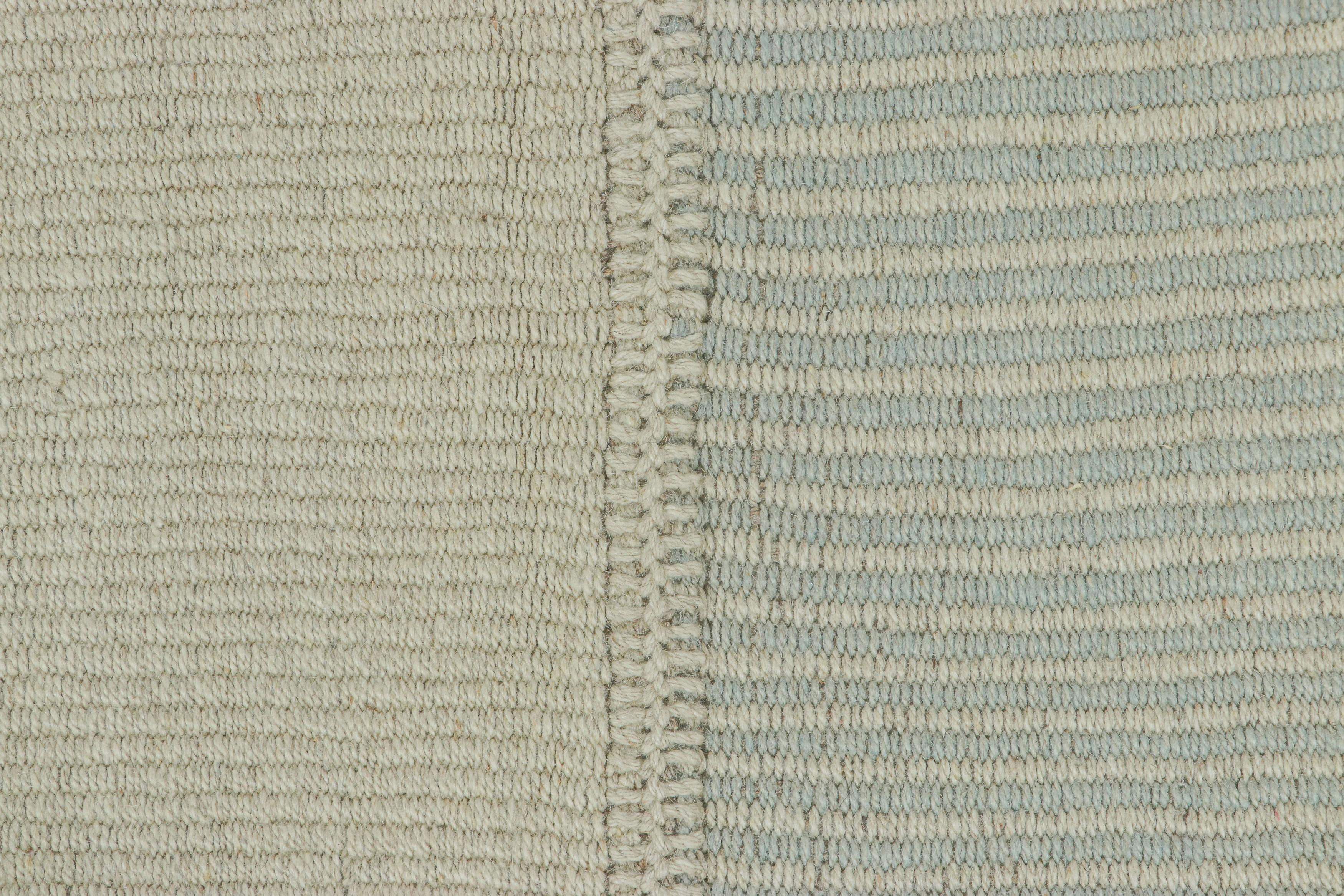 Afghan Rug & Kilim’s Contemporary Kilim with Textural Cream and Light Blue Stripes For Sale