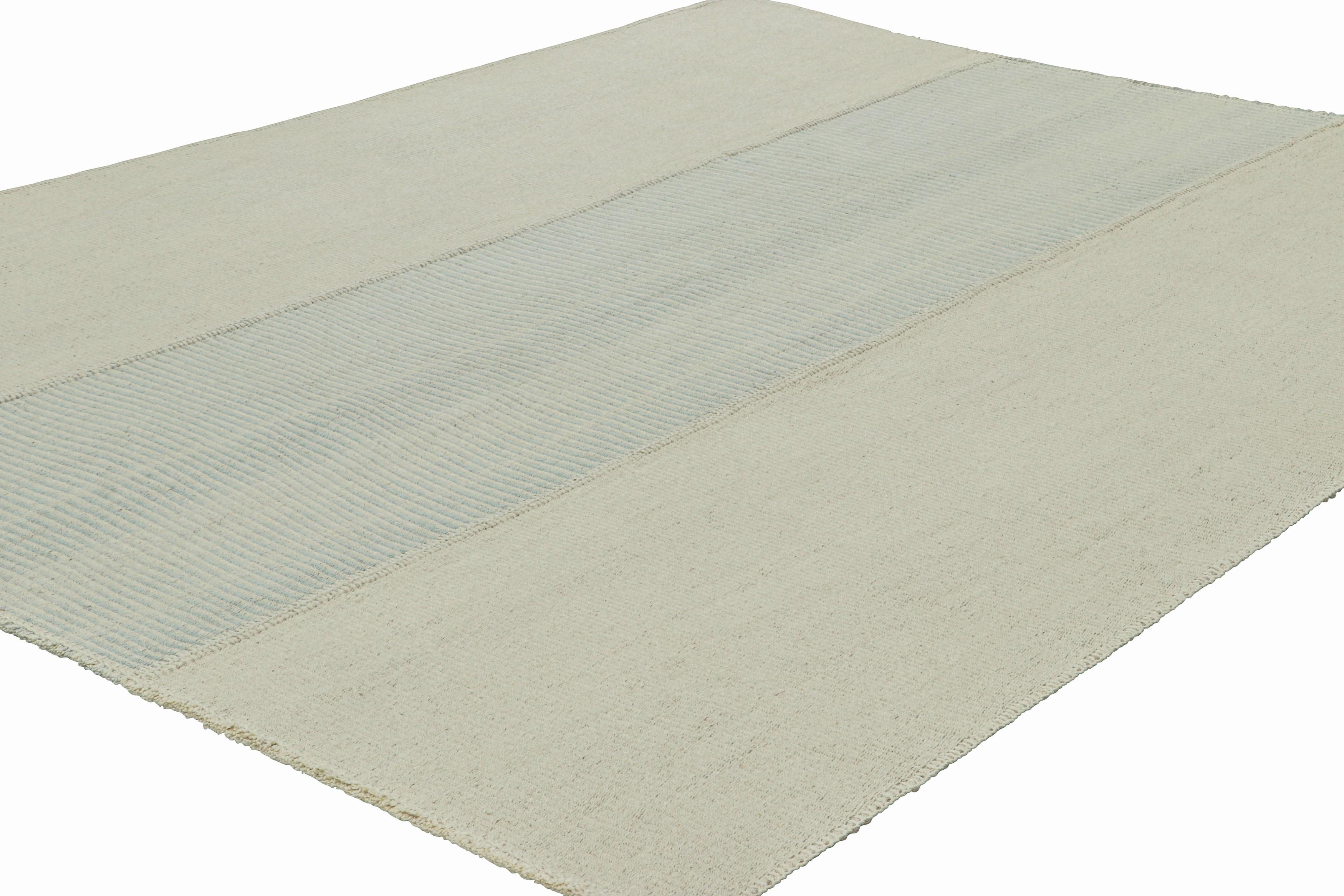 Hand-Woven Rug & Kilim’s Contemporary Kilim with Textural Cream and Light Blue Stripes For Sale