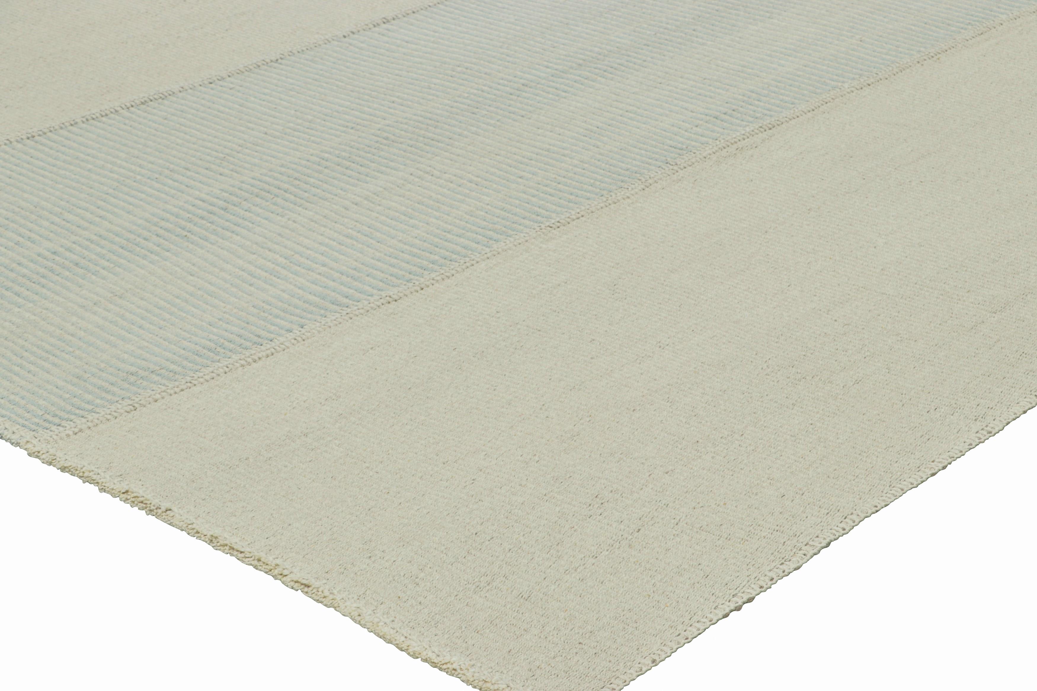 Wool Rug & Kilim’s Contemporary Kilim with Textural Cream and Light Blue Stripes For Sale
