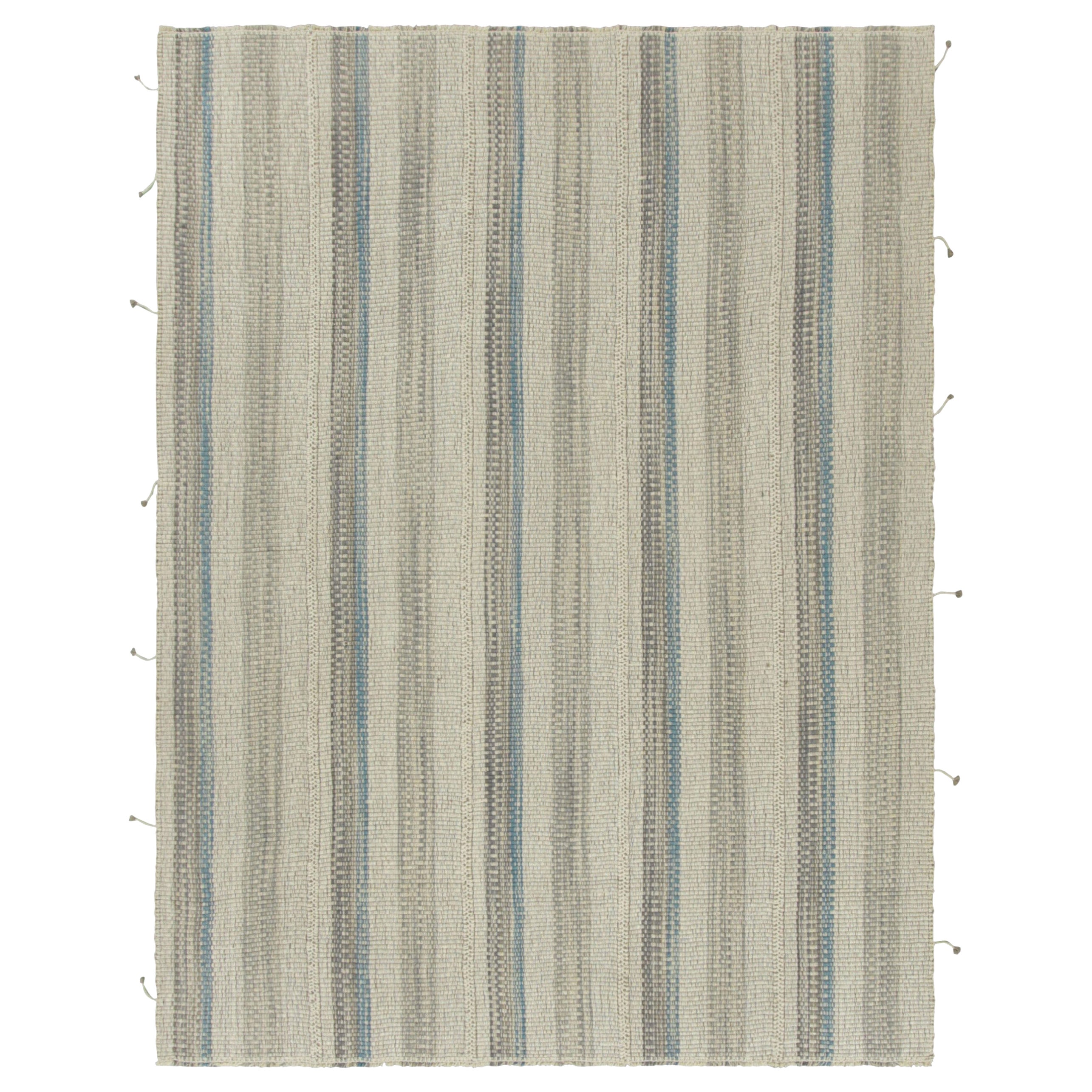 Kilim contemporáneo de Rug 
Kilim con rayas texturadas en crema, beige y azul