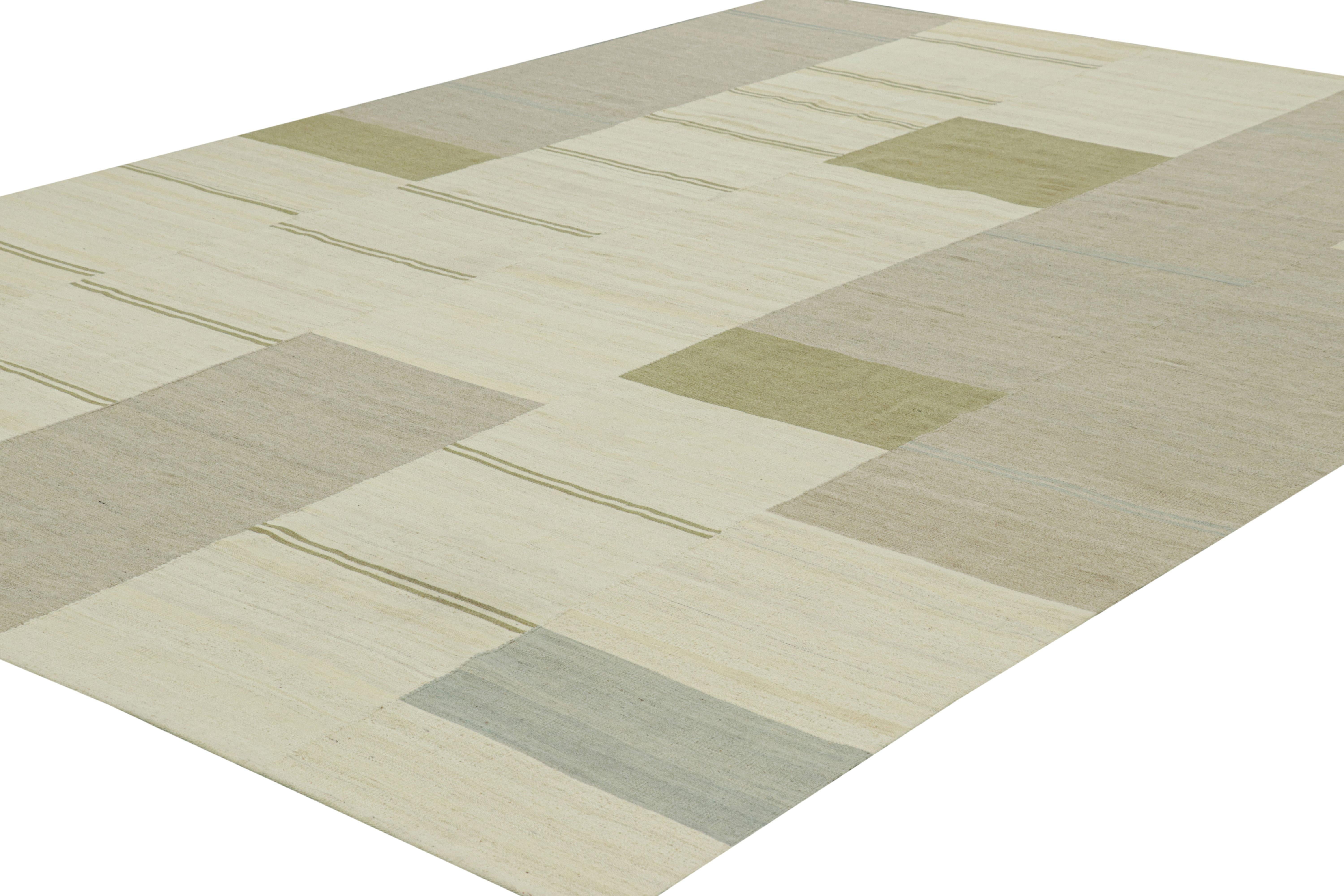 Hand-Woven Rug & Kilim’s Contemporary Kilim with Textural Cream, Gray and Green Stripes For Sale